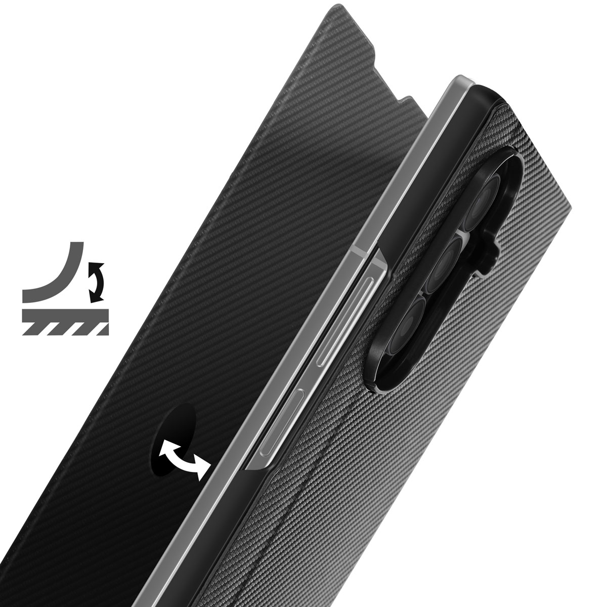 Zwarte telefoonhoes met een koolstofvezeltextuur, de klep gaat naar rechts open.