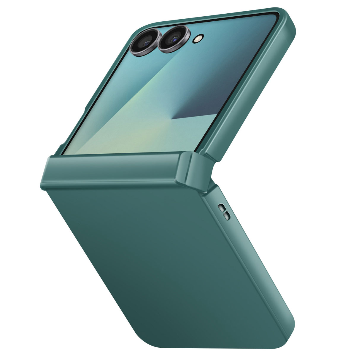 Telefono pieghevole verde in una custodia verde. Il telefono è parzialmente aperto. La fotocamera è visibile.