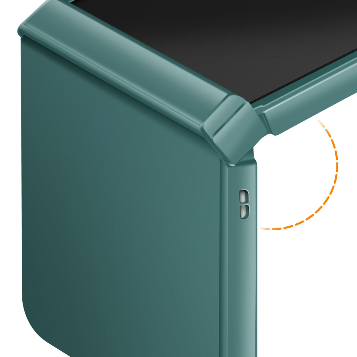 Primo piano di una custodia verde per telefono flip, che mostra il lato con i pulsanti del volume e la cerniera.