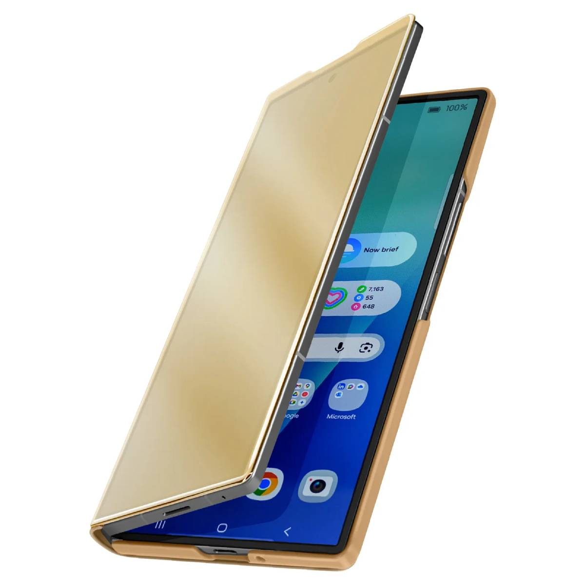 Opvouwbare telefoon, open, in een gouden hoesje. Het scherm toont een interface, terwijl de andere kant bedekt is.