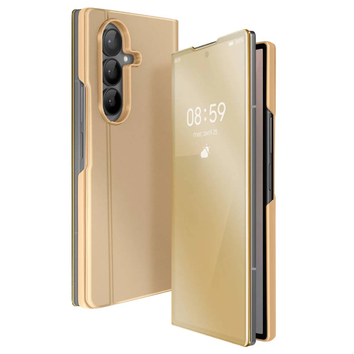 Gouden telefoonhoes met een telefoon erin, die de tijd op het scherm toont.