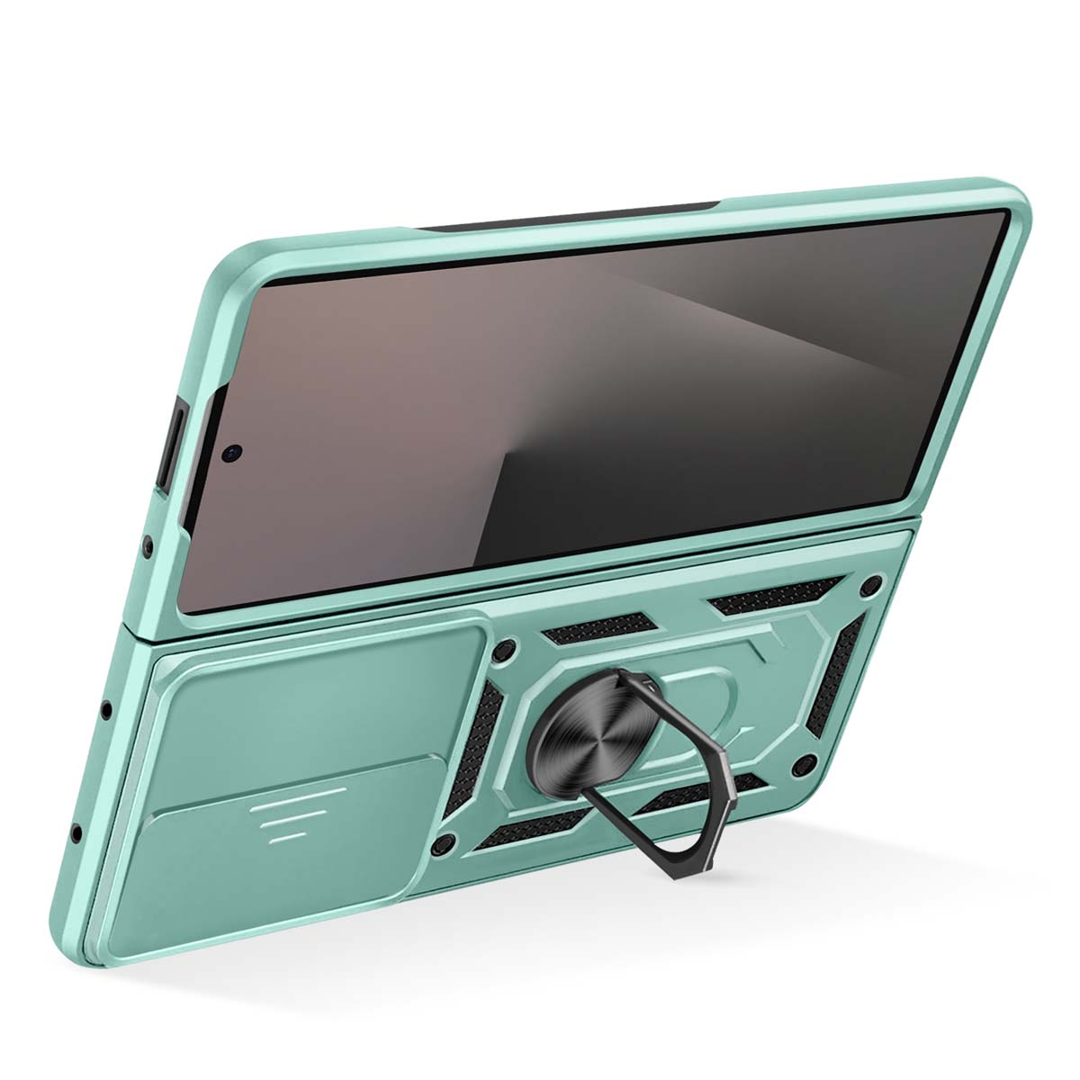 Custodia verde menta per telefono con supporto ad anello. Il telefono è in posizione aperta e angolata.