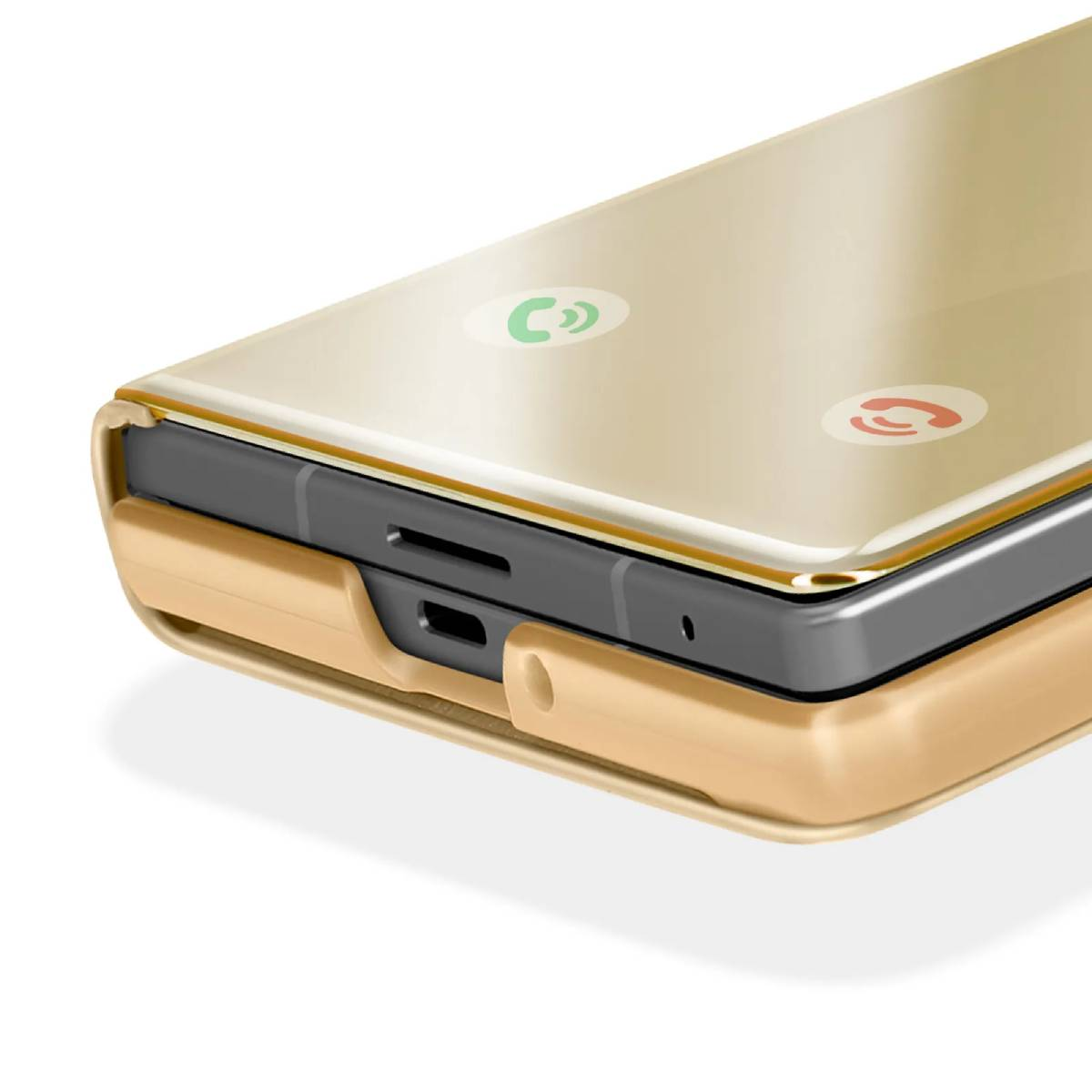 Gouden telefoonhoes met een telefoon erin, met een scherm met belknoppen.