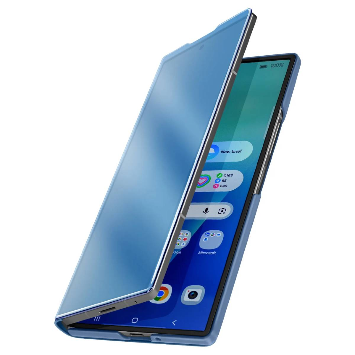 Blauw telefoonhoesje met een scherm met een interface, open en schuin.
