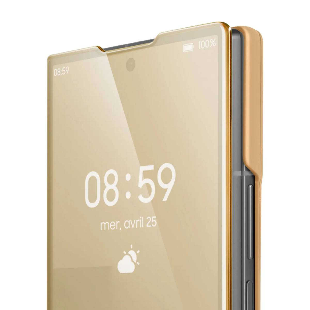 Gouden telefoonhoes met de telefoon erin, met de tijd en datum op het scherm.