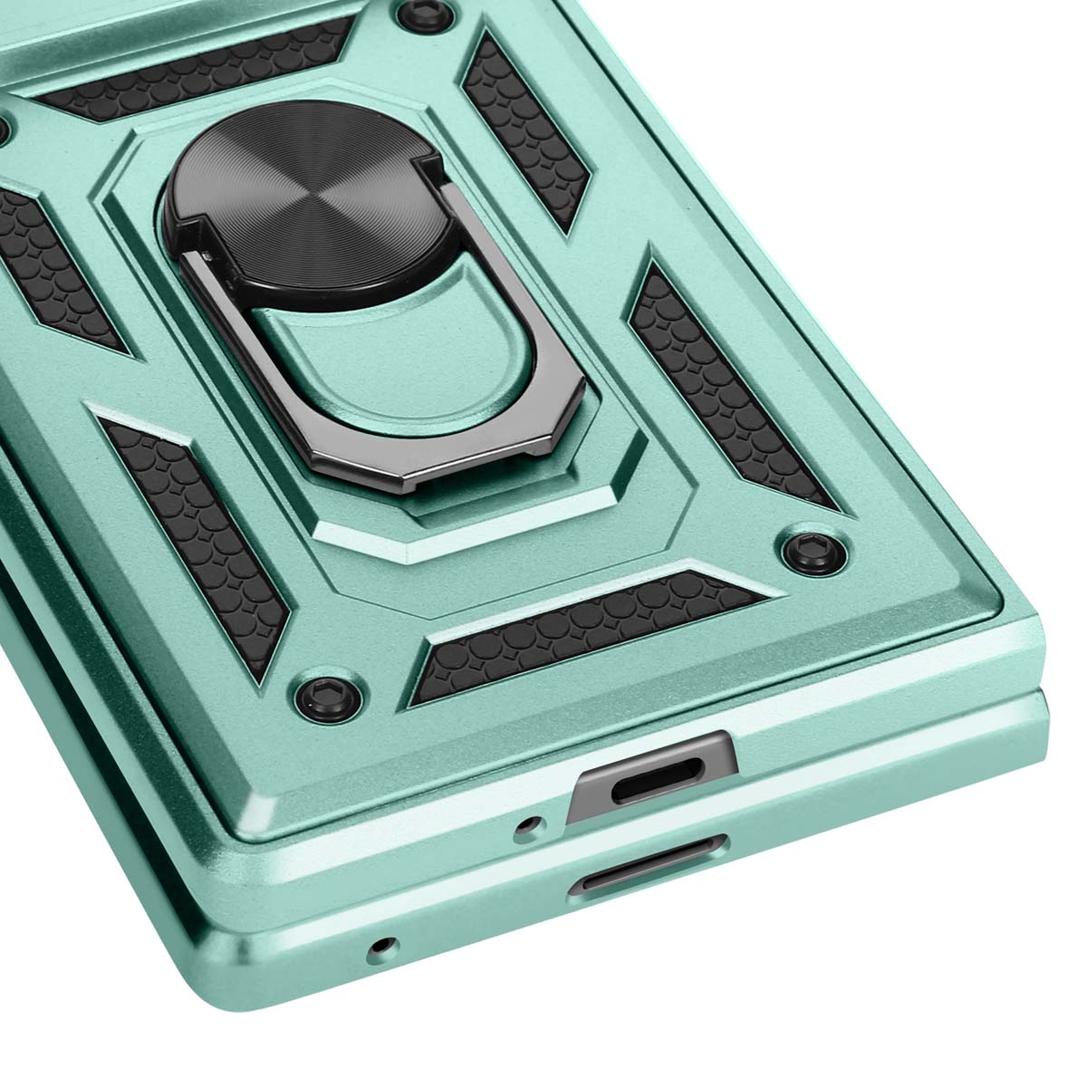 Primo piano di una custodia per telefono verde chiaro. Ha un supporto ad anello e un design geometrico.