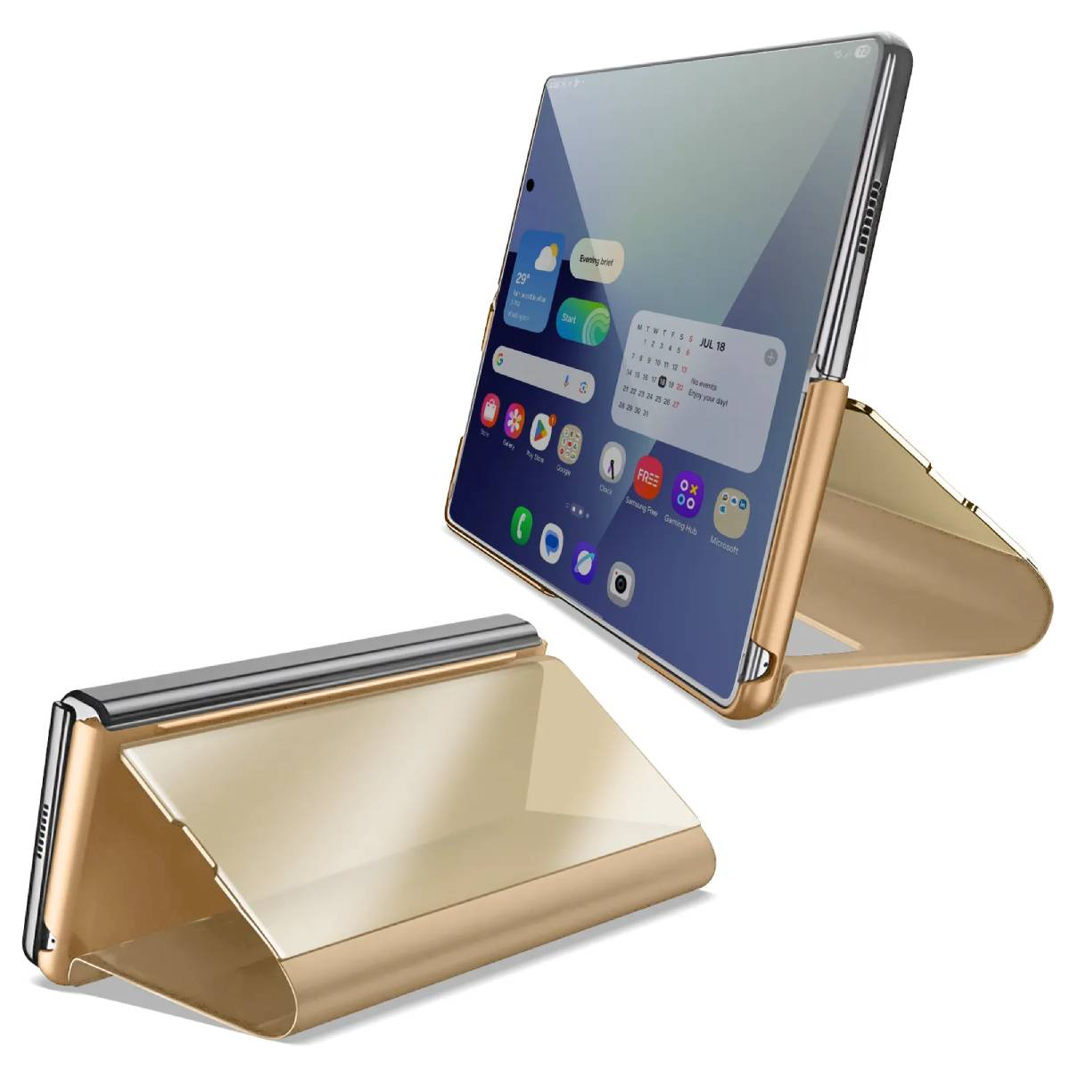 Gouden telefoonhoesje met een scherm met apps, staand. Een andere ligt plat en toont de spiegelafwerking.