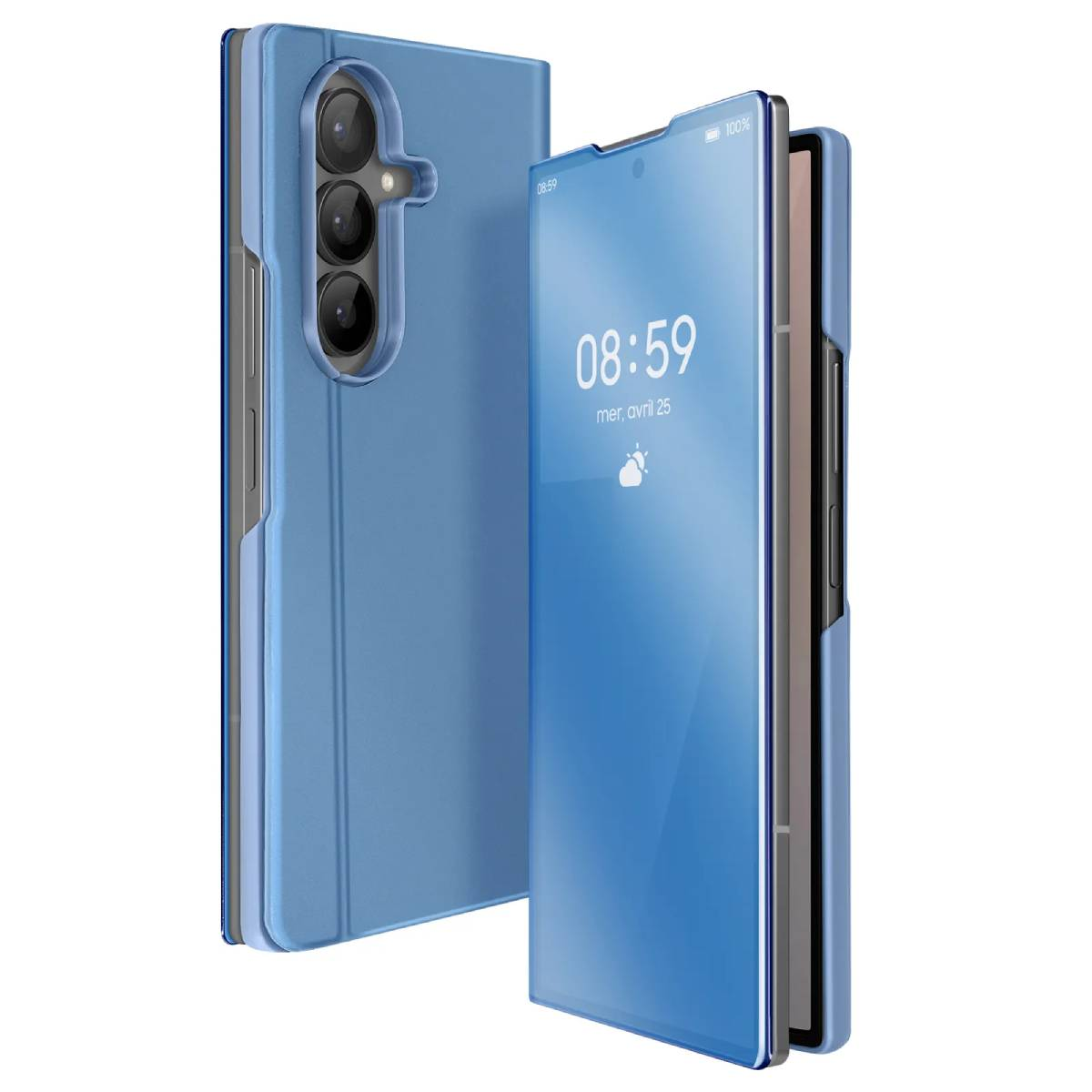 Twee blauwe telefoonhoesjes. Eén is open en toont een telefoonscherm met de tijd. De andere is gesloten.