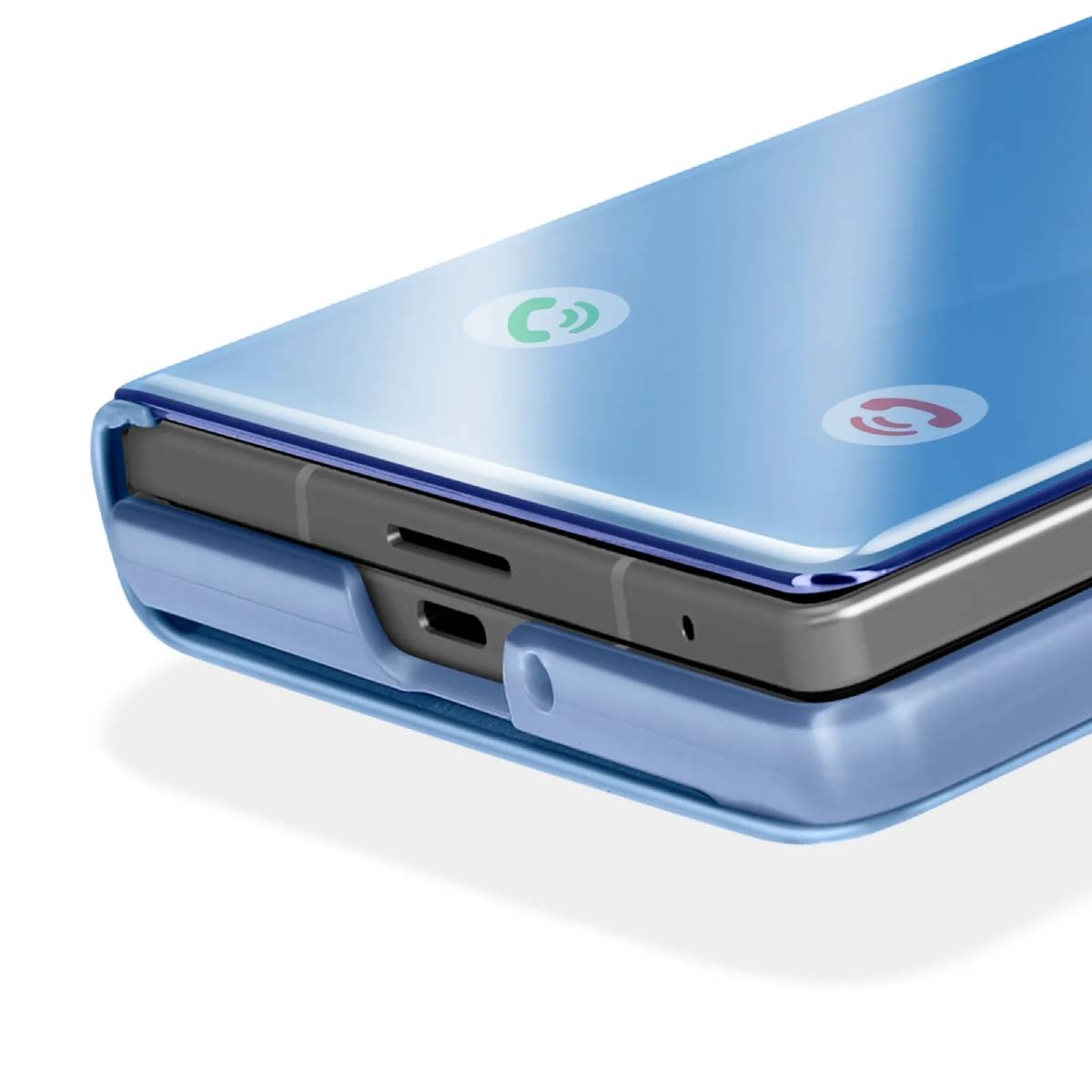 Close-up van een blauwe telefoonhoes. Het scherm toont pictogrammen voor inkomende oproepen. Het heeft een oplaadpoort.