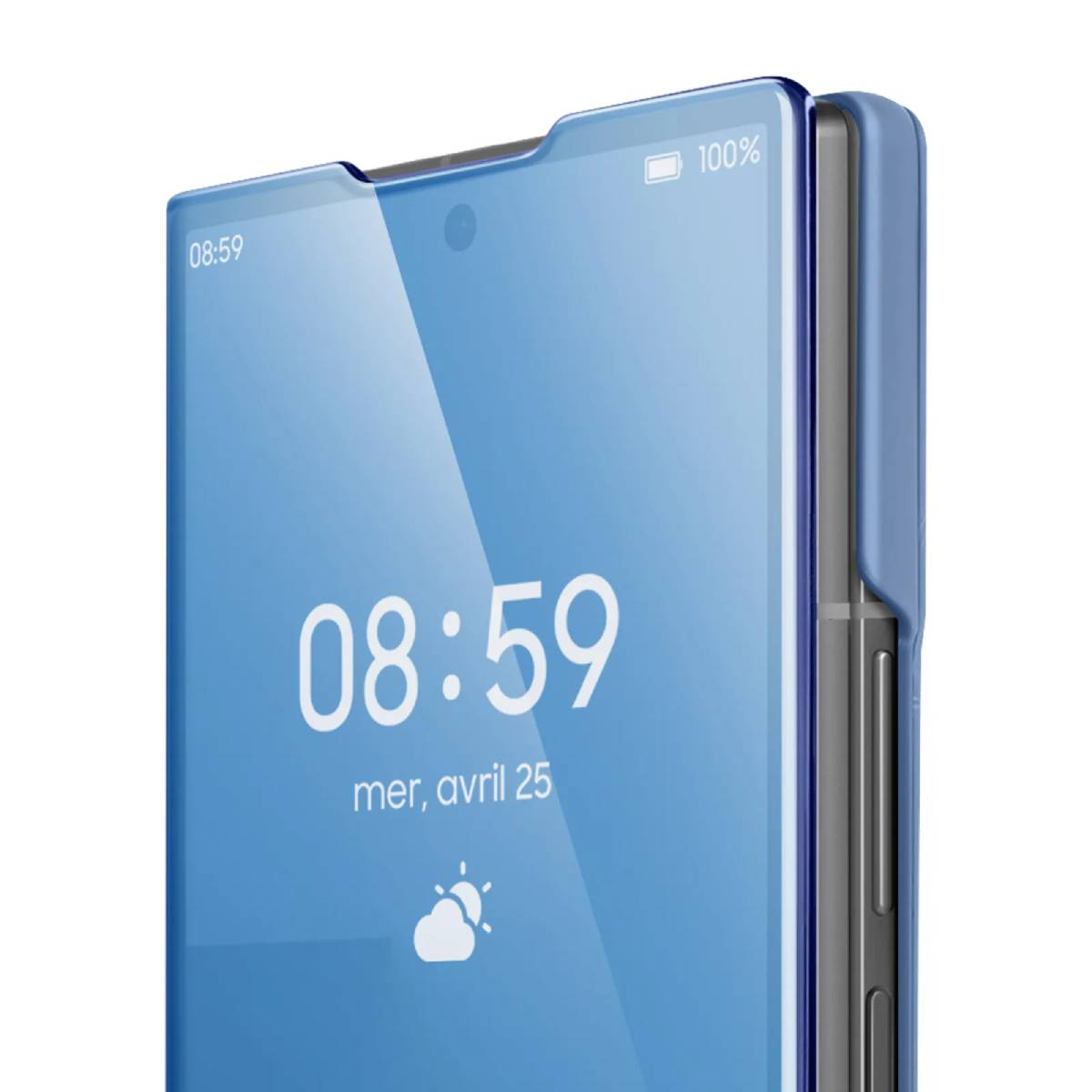Een blauwe telefoonhoes die de tijd weergeeft. Het toont de tijd 08:59 en de datum.
