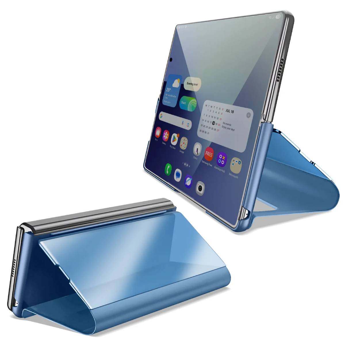 Blauw telefoonhoesje met een scherm met apps, staand. Een andere ligt plat en toont de spiegelafwerking.