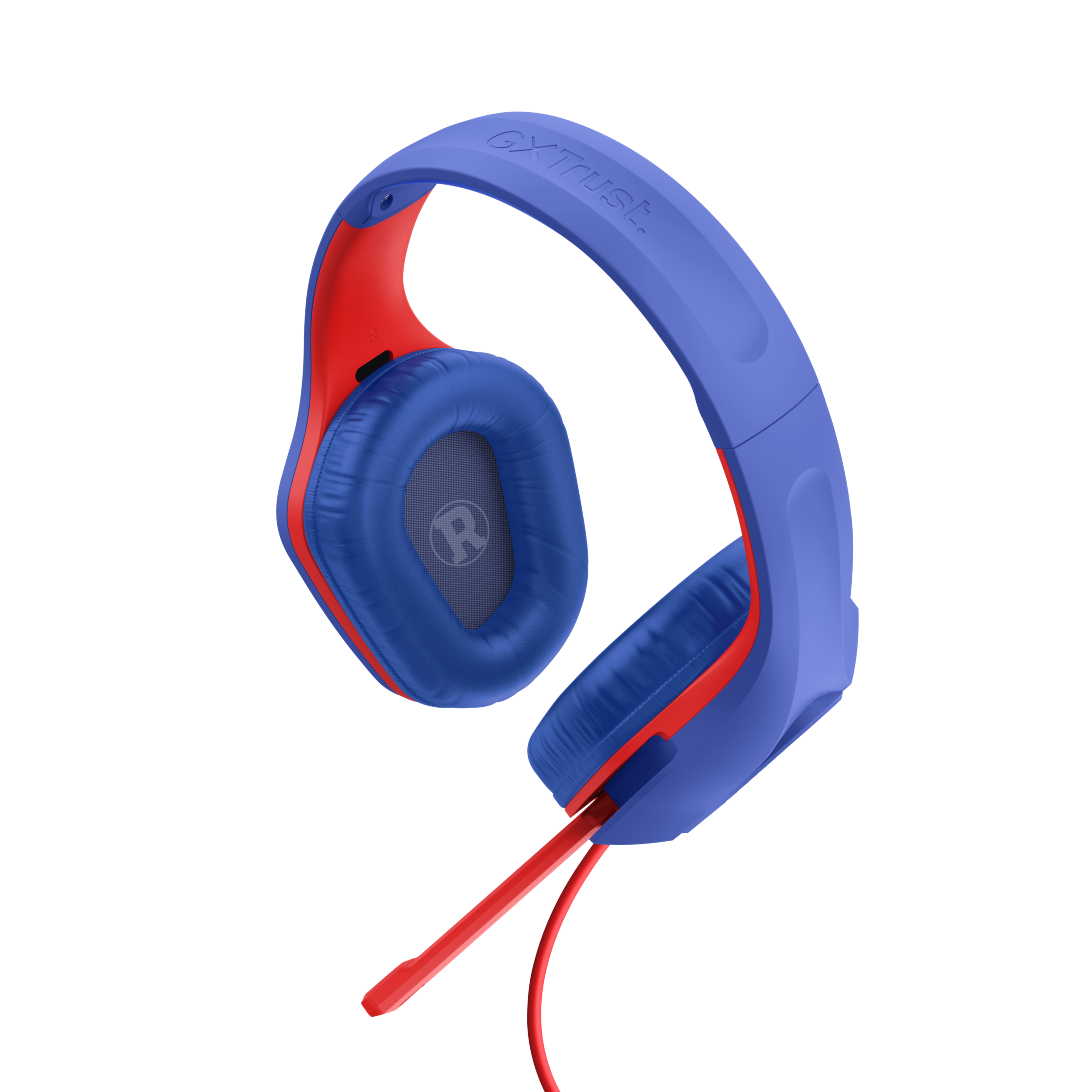 Blue and red headphones. The headphones feature a blue headband and ear cups with red accents.