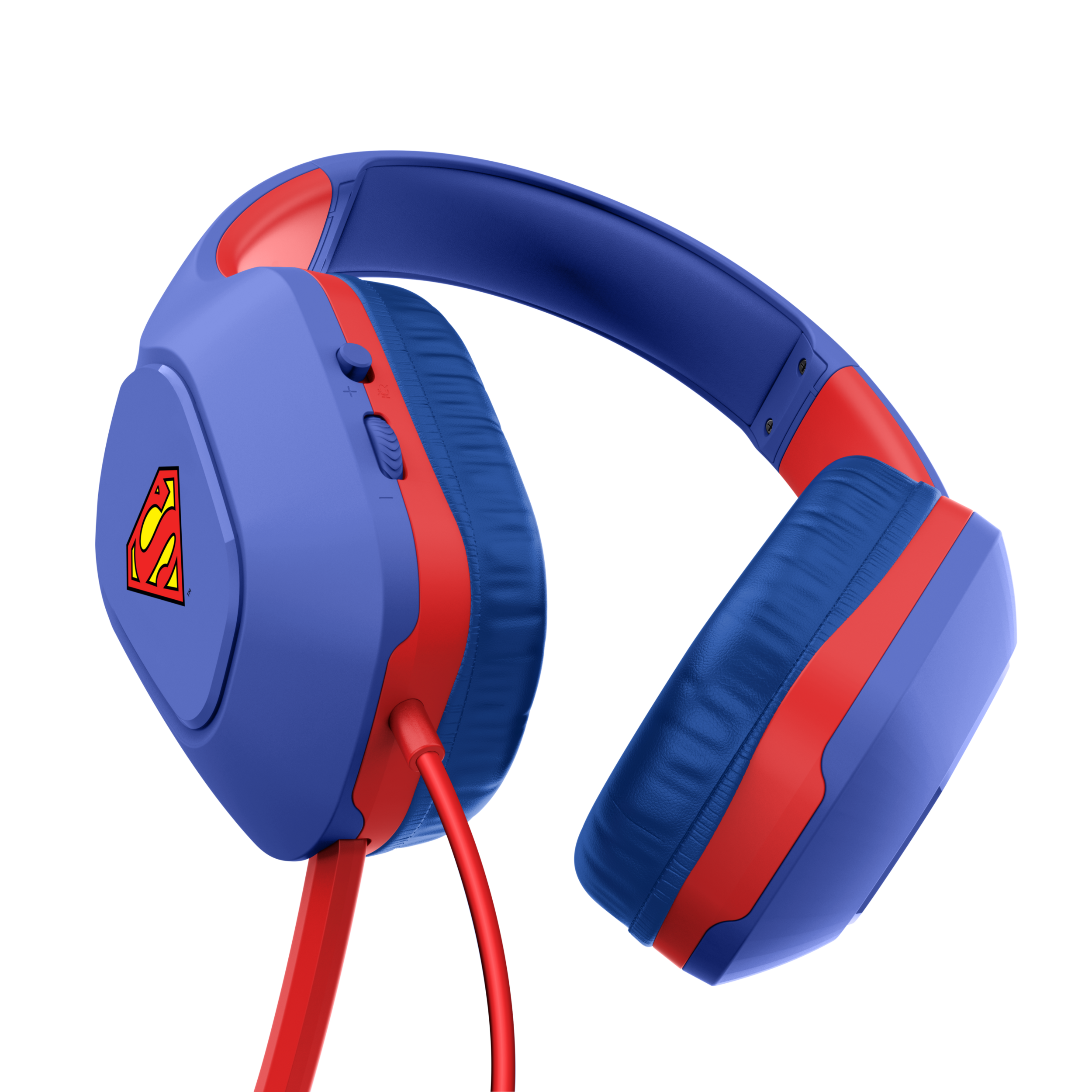 Superman headphones. Blue ear cups with red accents and a Superman logo. Red cable is attached.