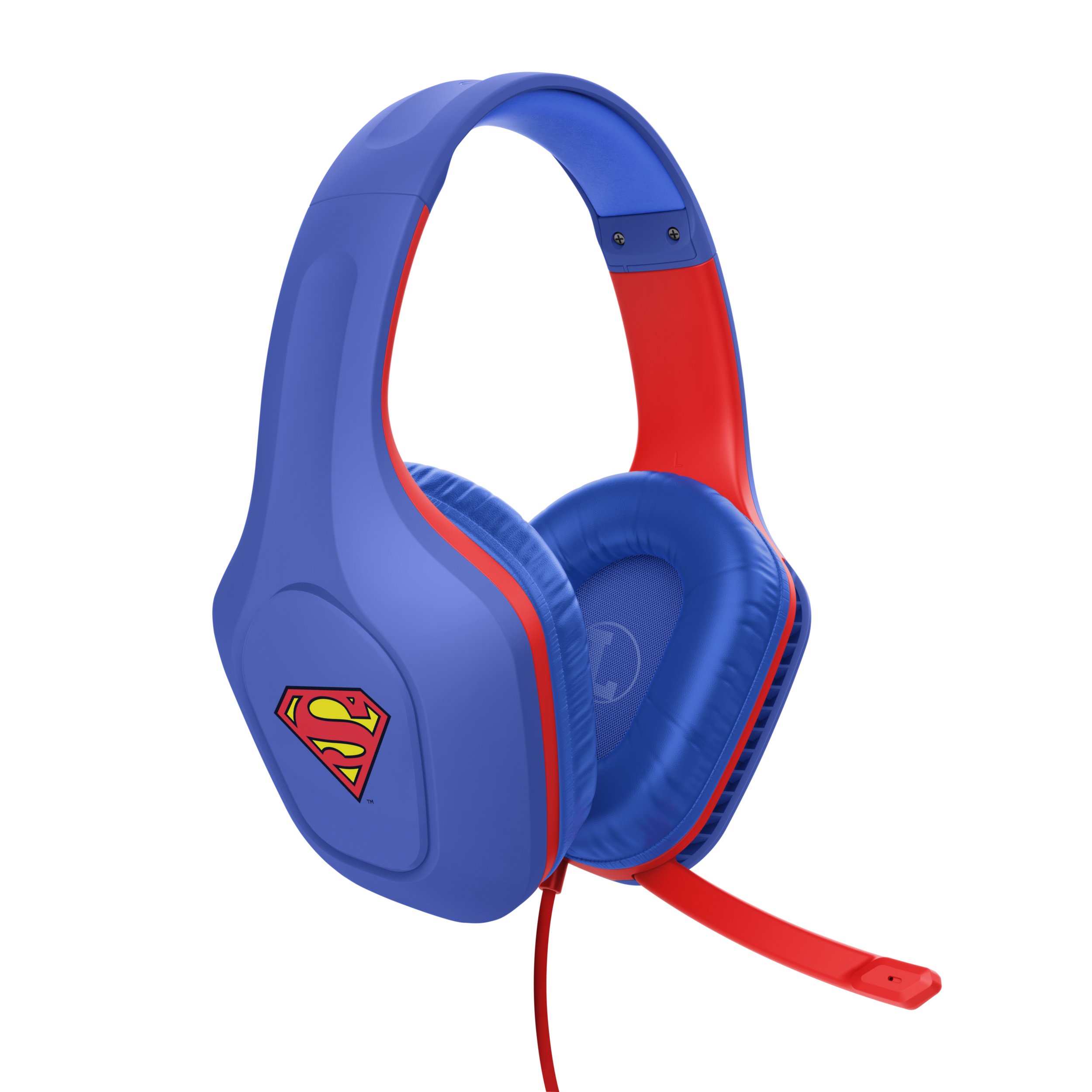 Superman logo on blue headphones with red accents. The headphones are on a black background.