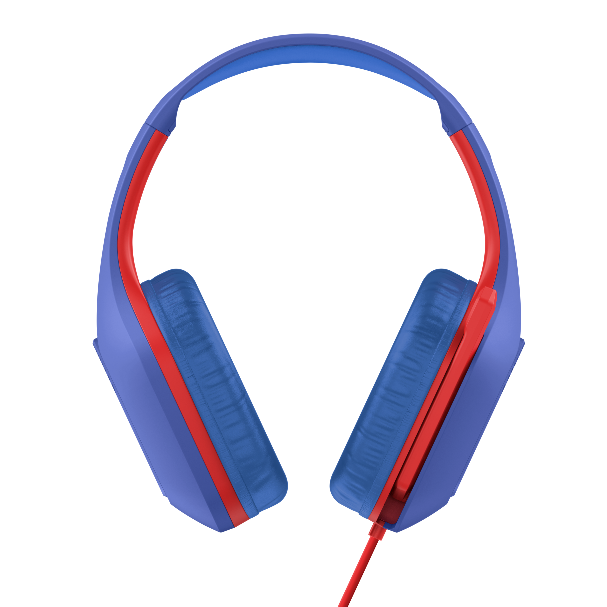 Blue and red headphones, with Superman logo, against a black background.