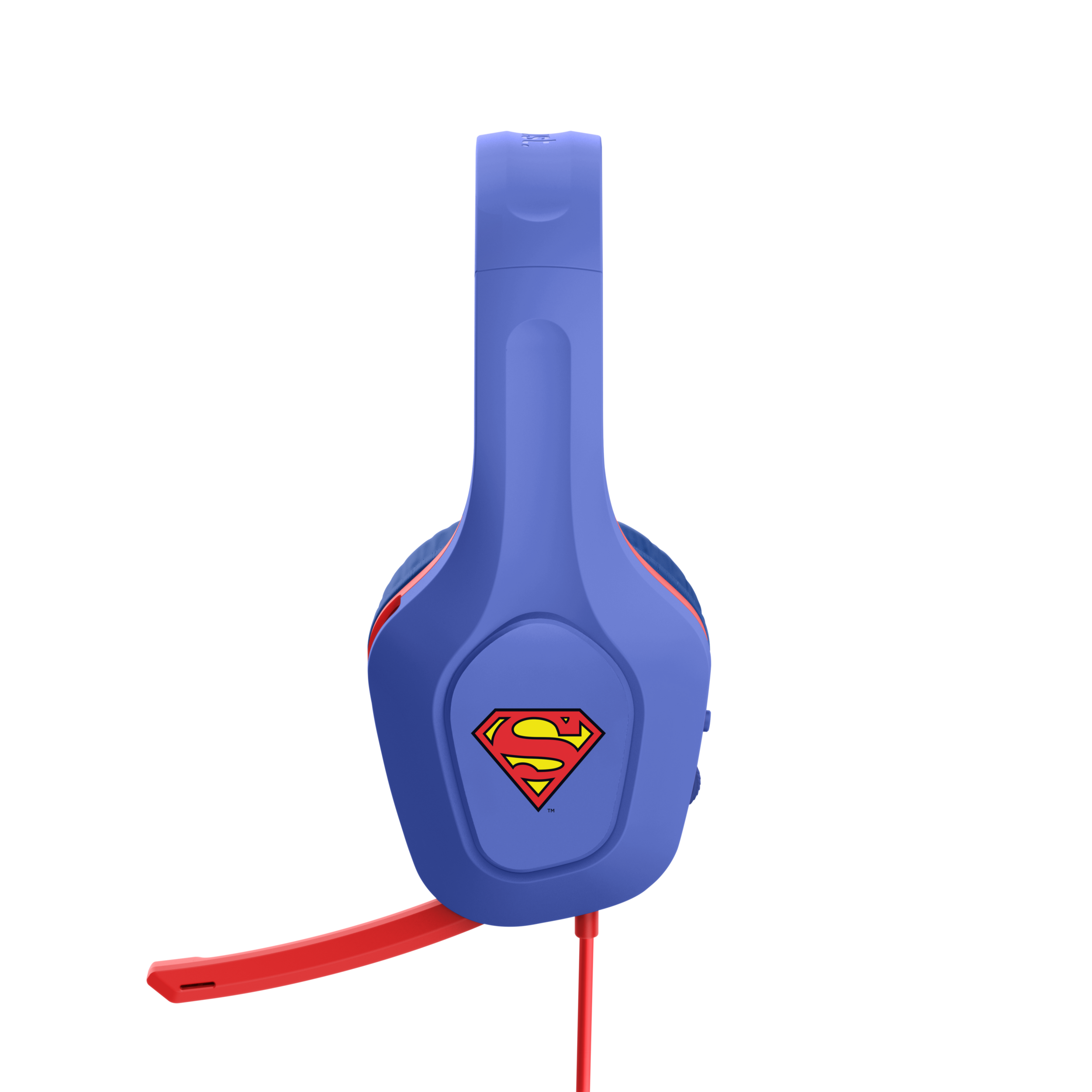 Superman logo on blue headphones with a red microphone. The headphones are on a black background.
