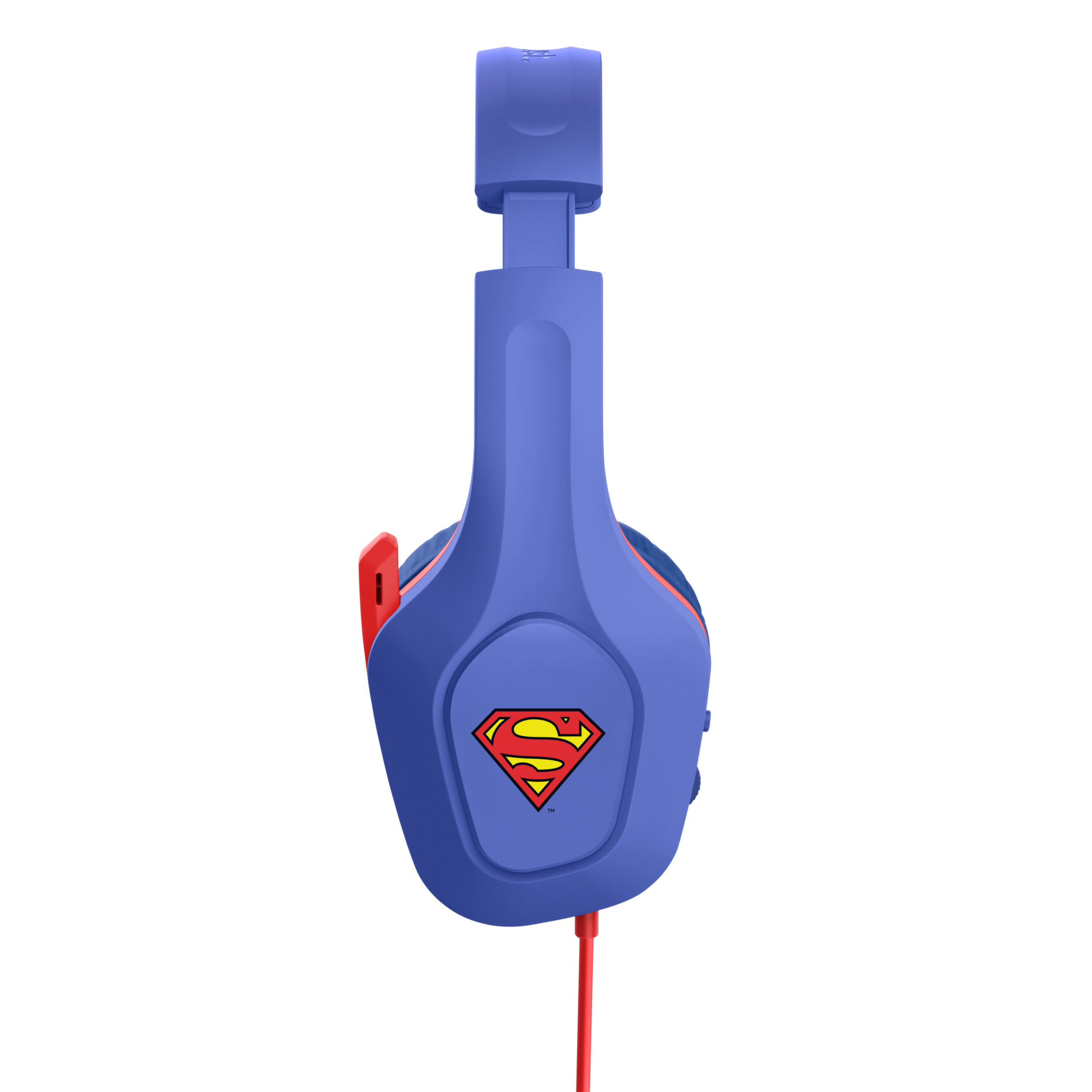 Blue Superman headphones with a red cord and logo on a black background.