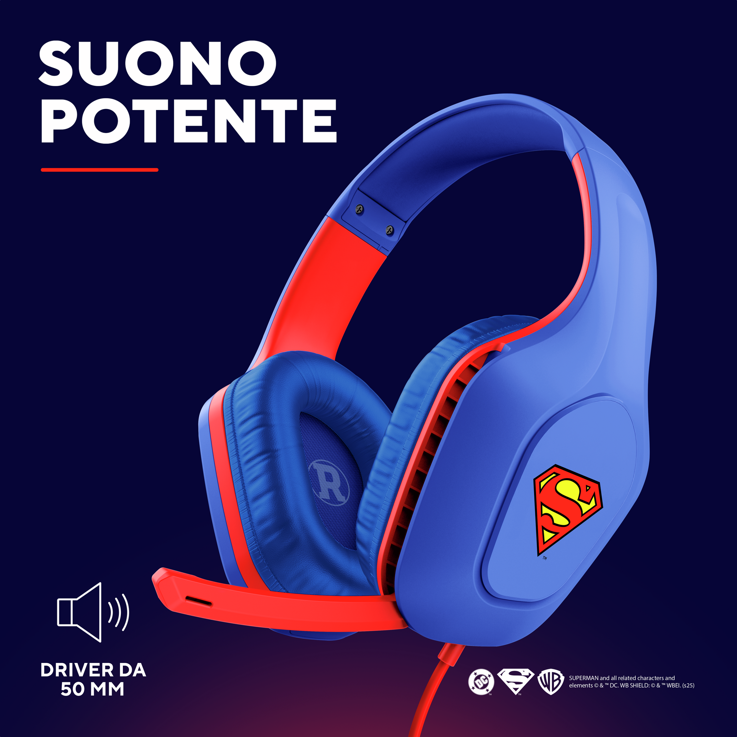 Blue Superman headphones with a microphone and the Superman logo.