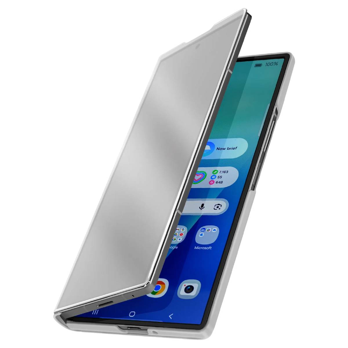 Een witte telefoon met een open zilveren hoes. Het scherm toont apps. De achtergrond is wit.