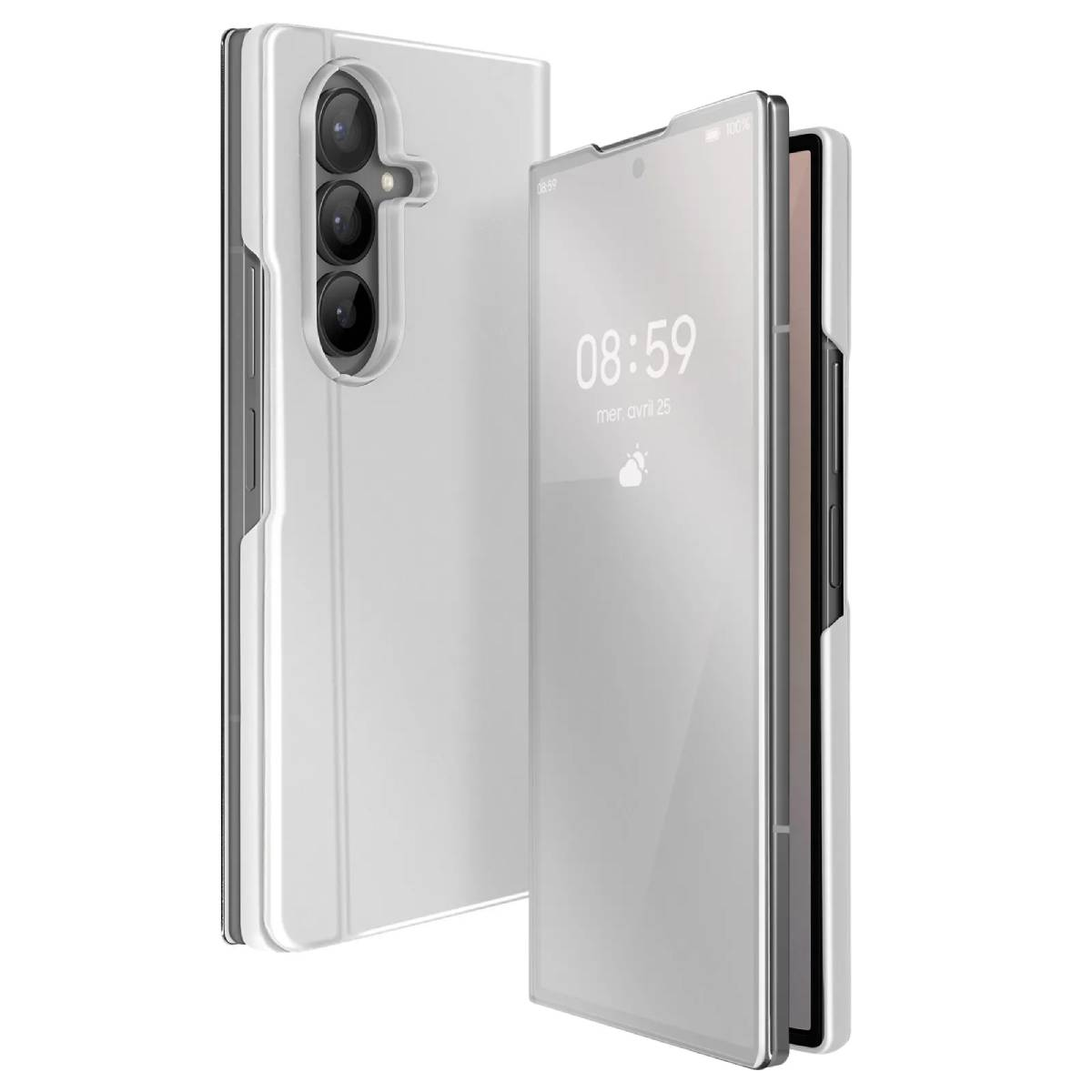 Twee witte telefoonhoesjes. Eén is open en toont een telefoonscherm met de tijd. De andere is gesloten.