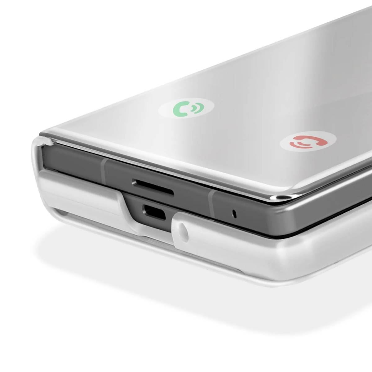Close-up van een zilveren opvouwbare telefoon met witte beschermhoes, poorten.