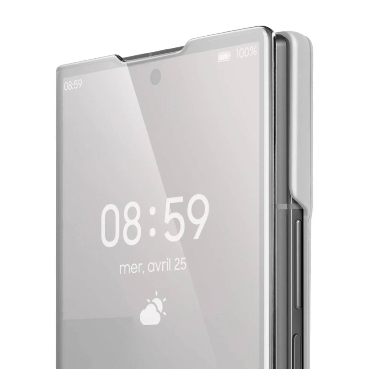 Een gedeeltelijk geopende telefoon toont de tijd. De hoes is helder en reflecterend.
