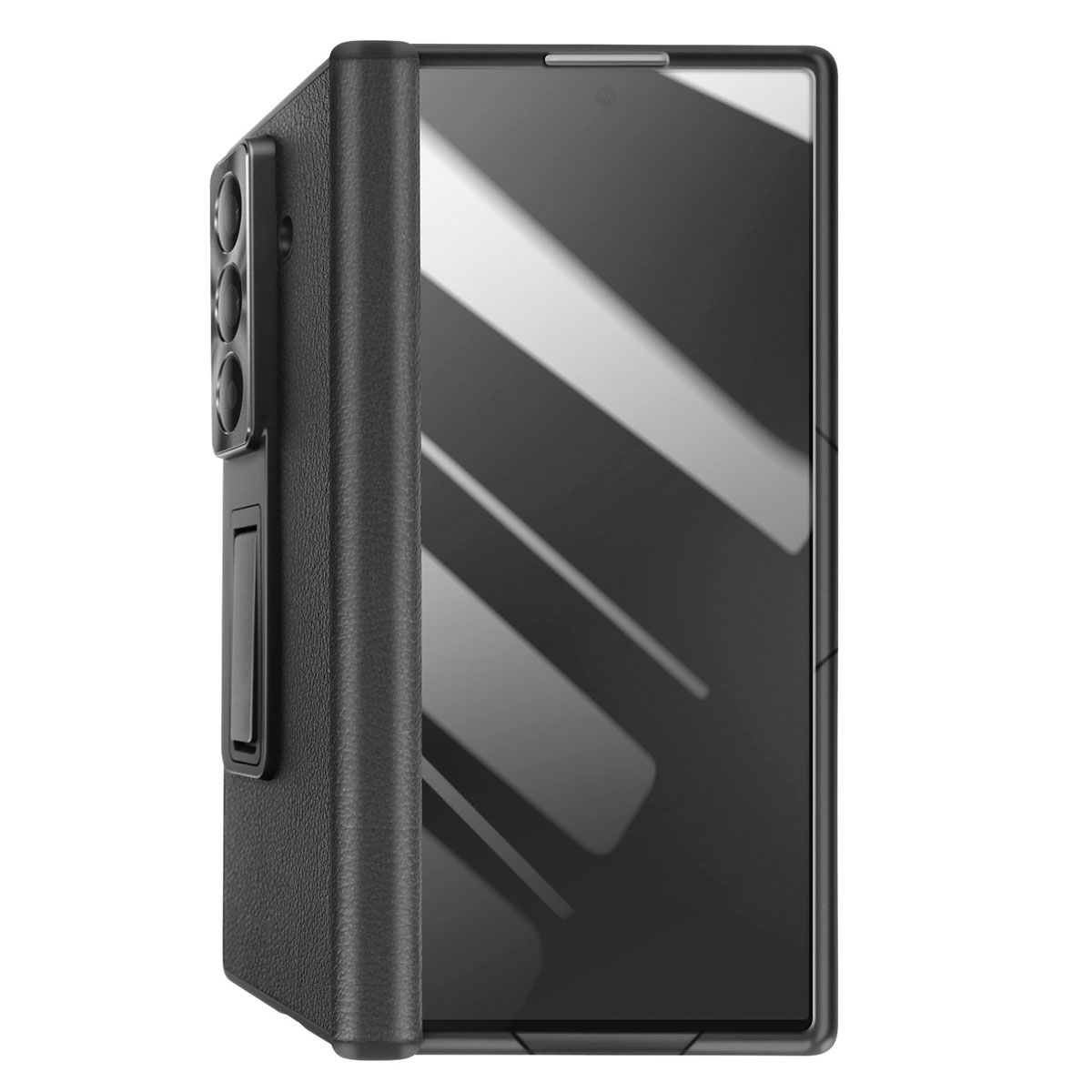 Un telefono nero con supporto e modulo fotocamera. Lo schermo è spento. Lo sfondo è semplice e scuro.