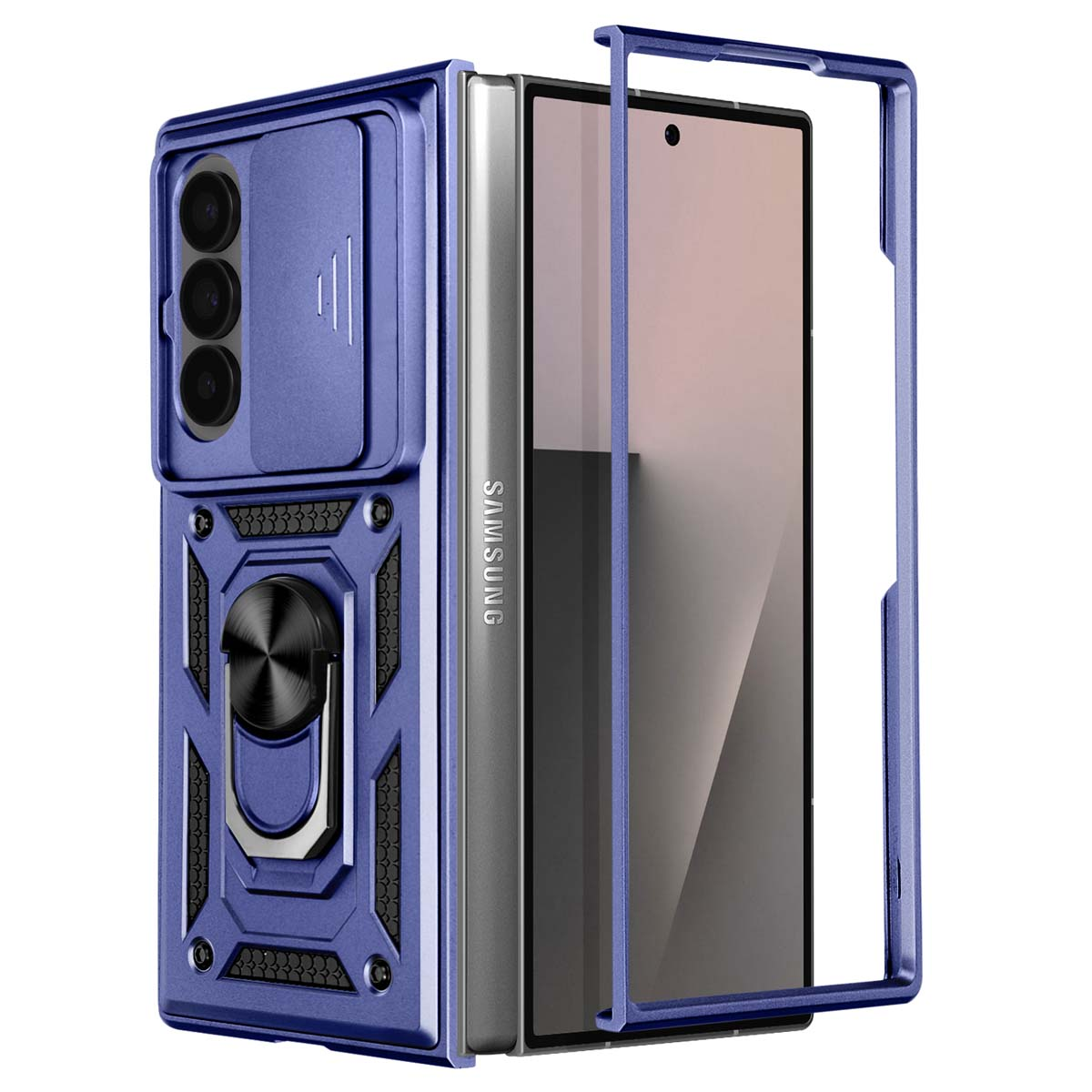 Blauwe telefoonhoes met camerabescherming, ringhouder en zichtbaar telefoonscherm.