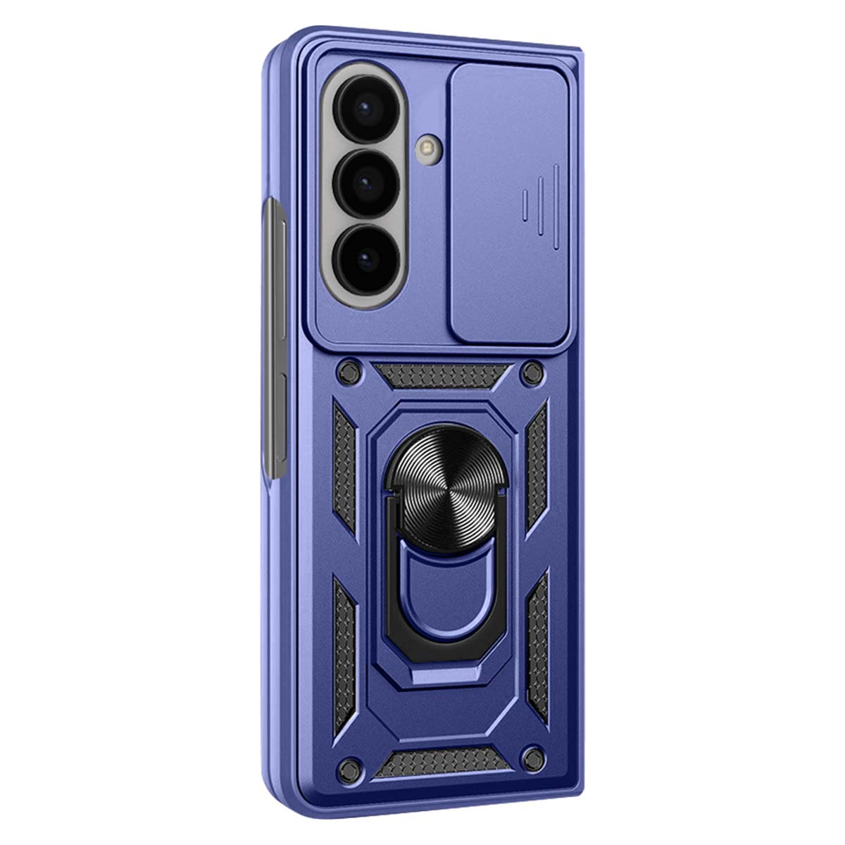 Blauwe telefoonhoes met camerabescherming, ringhouder en een textuuroppervlak.