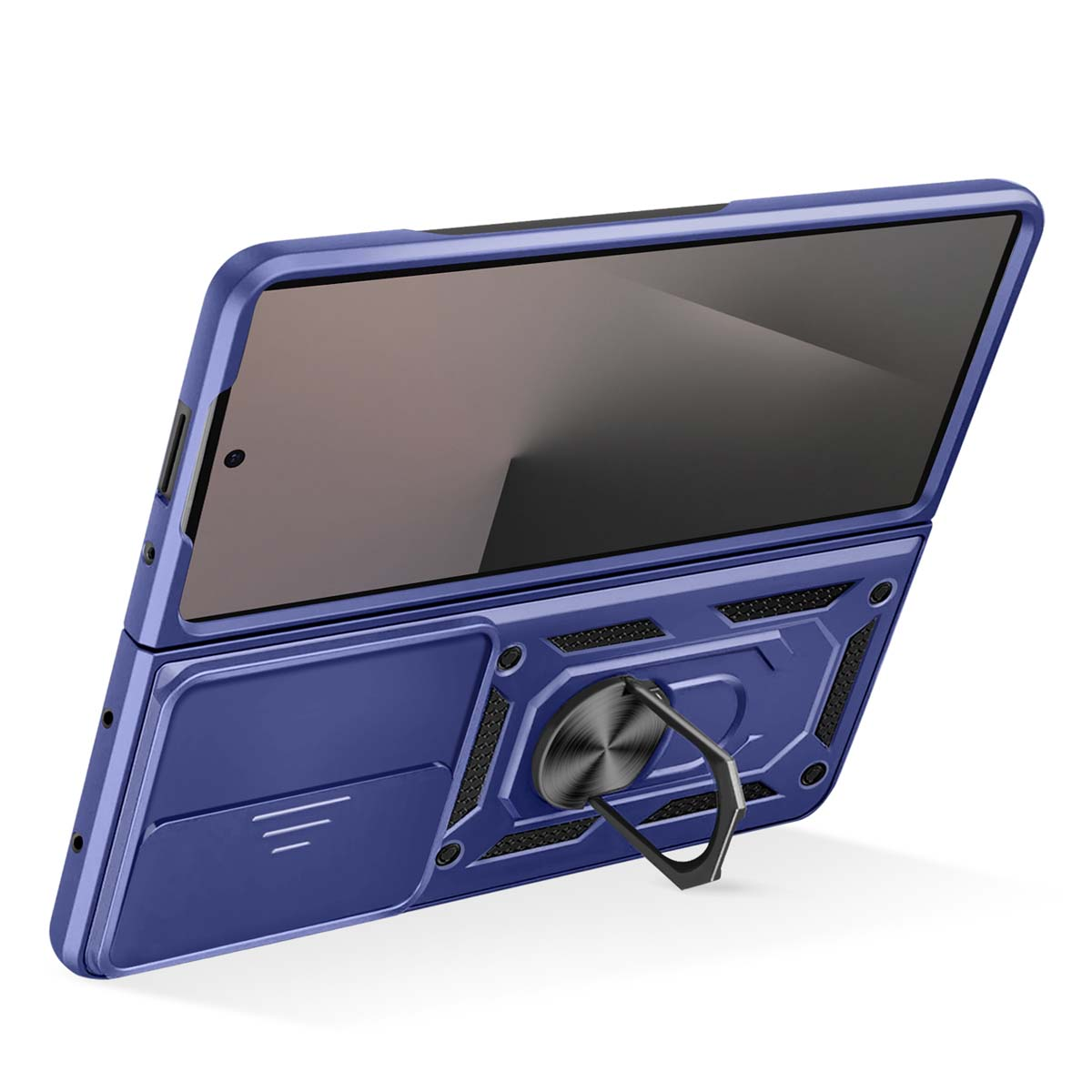 Blauwe telefoonhoes met ringhouder en zichtbaar scherm, witte achtergrond.