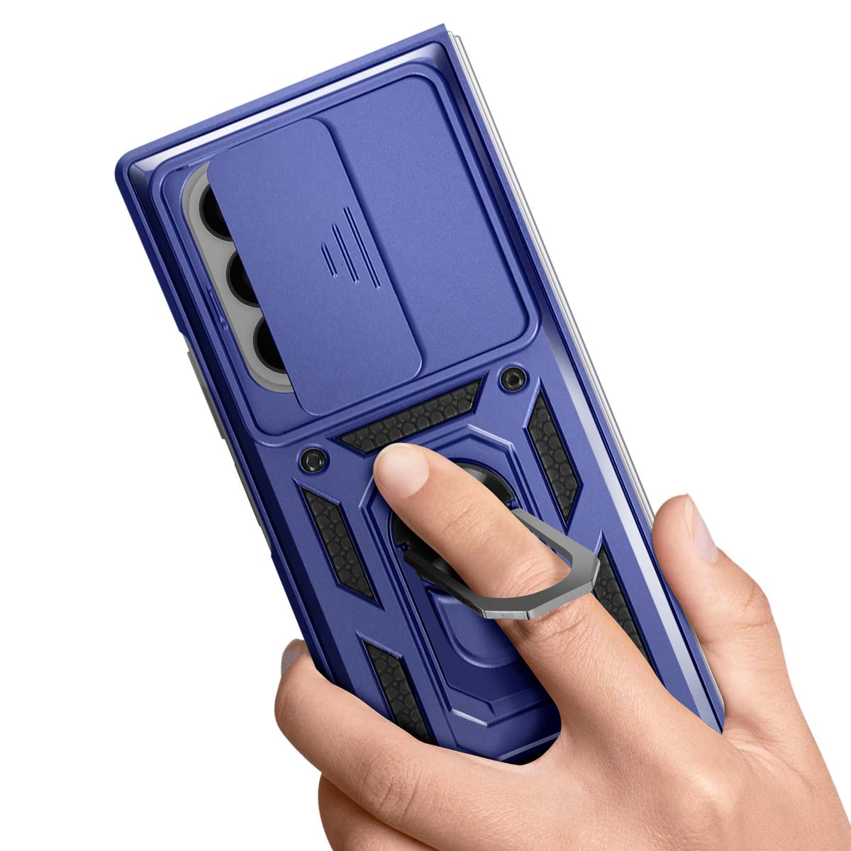 Een blauwe telefoonhoes met een ringhouder wordt door een hand vastgehouden. De hoes heeft een gestructureerd ontwerp.