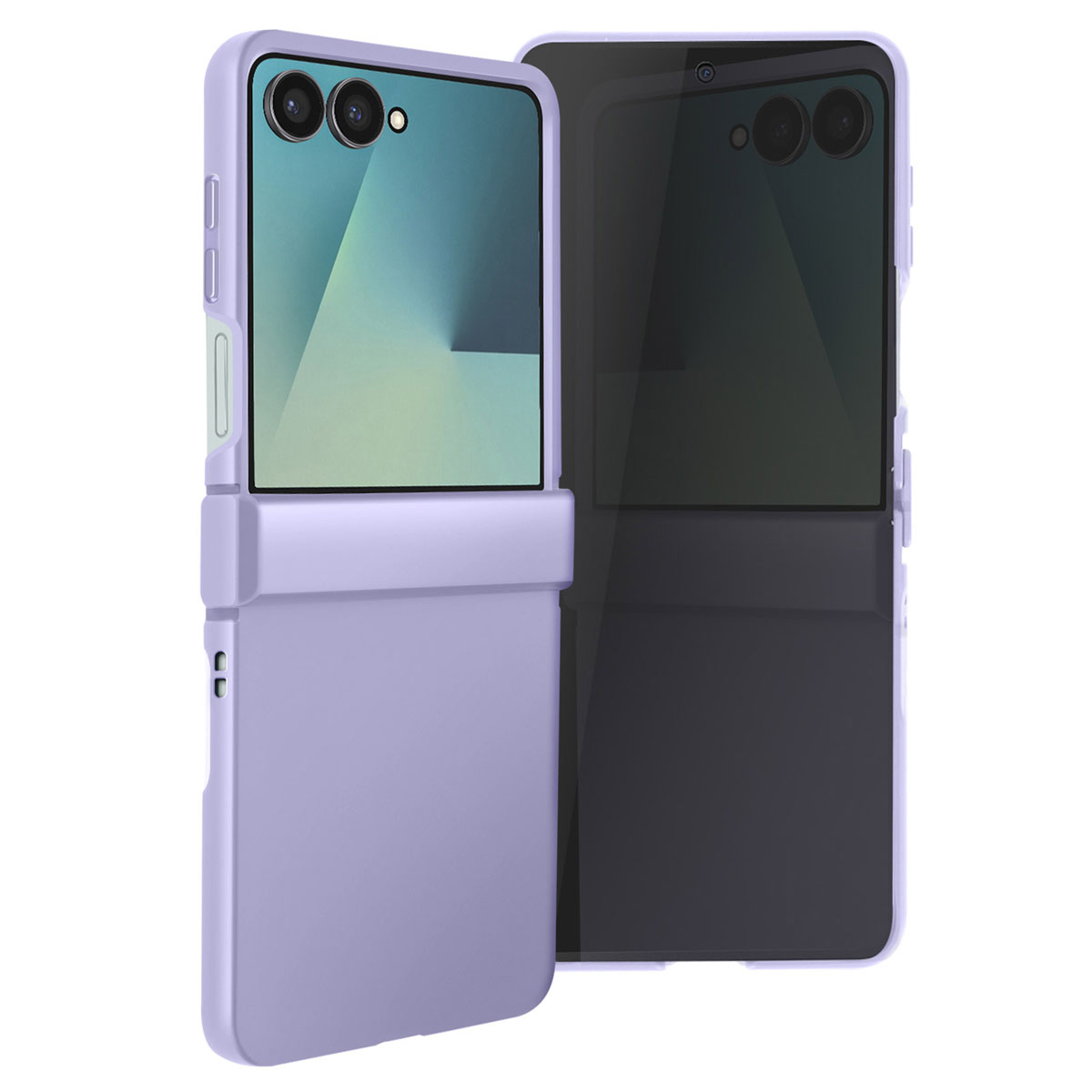 Custodia per telefono viola, aperta, che mostra il telefono all'interno. Il telefono ha due fotocamere e uno schermo.
