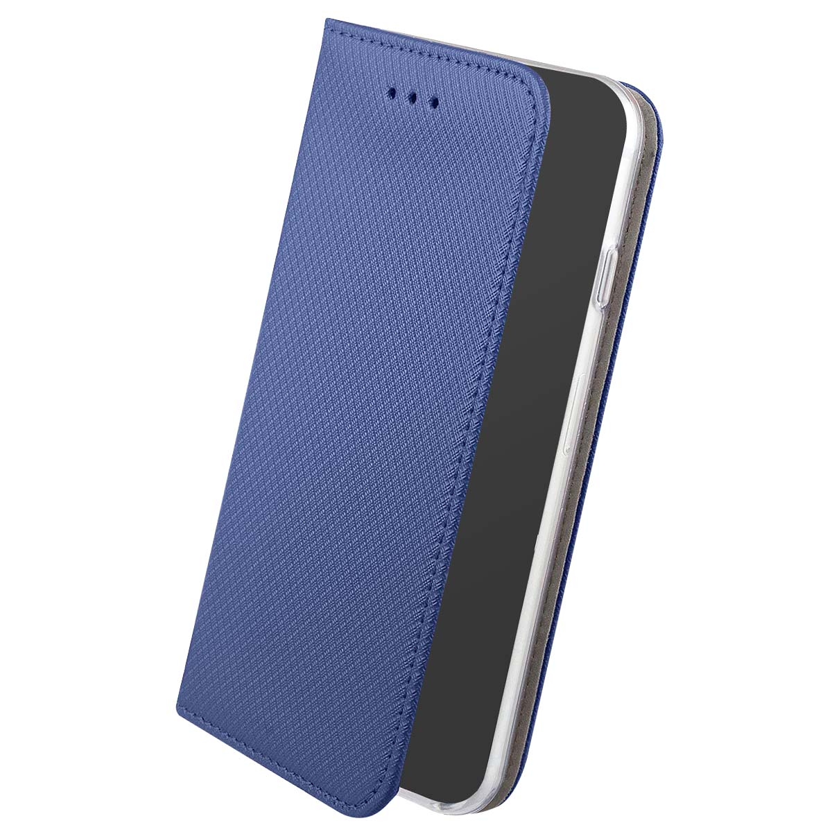 Custodia blu per telefono, aperta, rivela schermo nero del telefono.