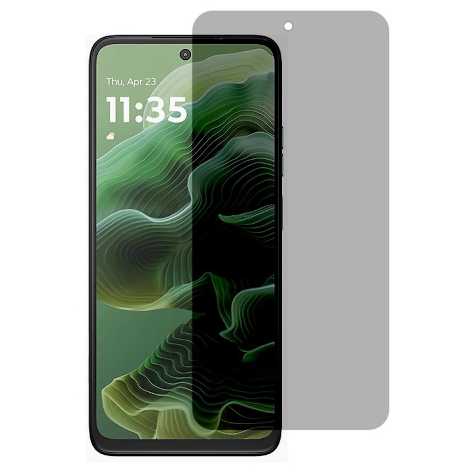 Smartphone-Bildschirm mit Schutzfolie. Uhrzeit: 11:35. Grüner Hintergrund mit Muster.