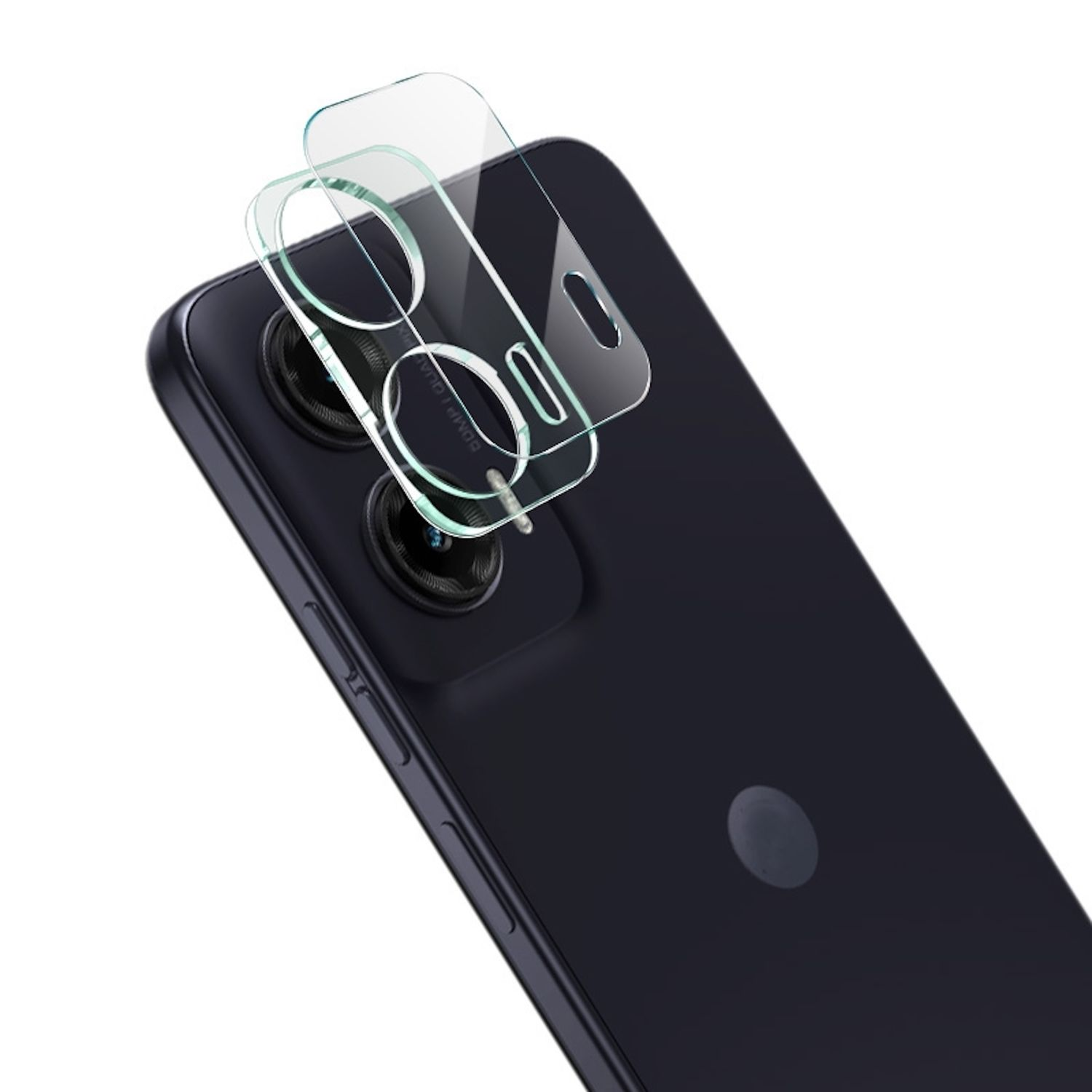 Telefonkamera mit zwei Objektiven und einem klaren Kameralinsenschutz auf einem schwarzen Telefon.