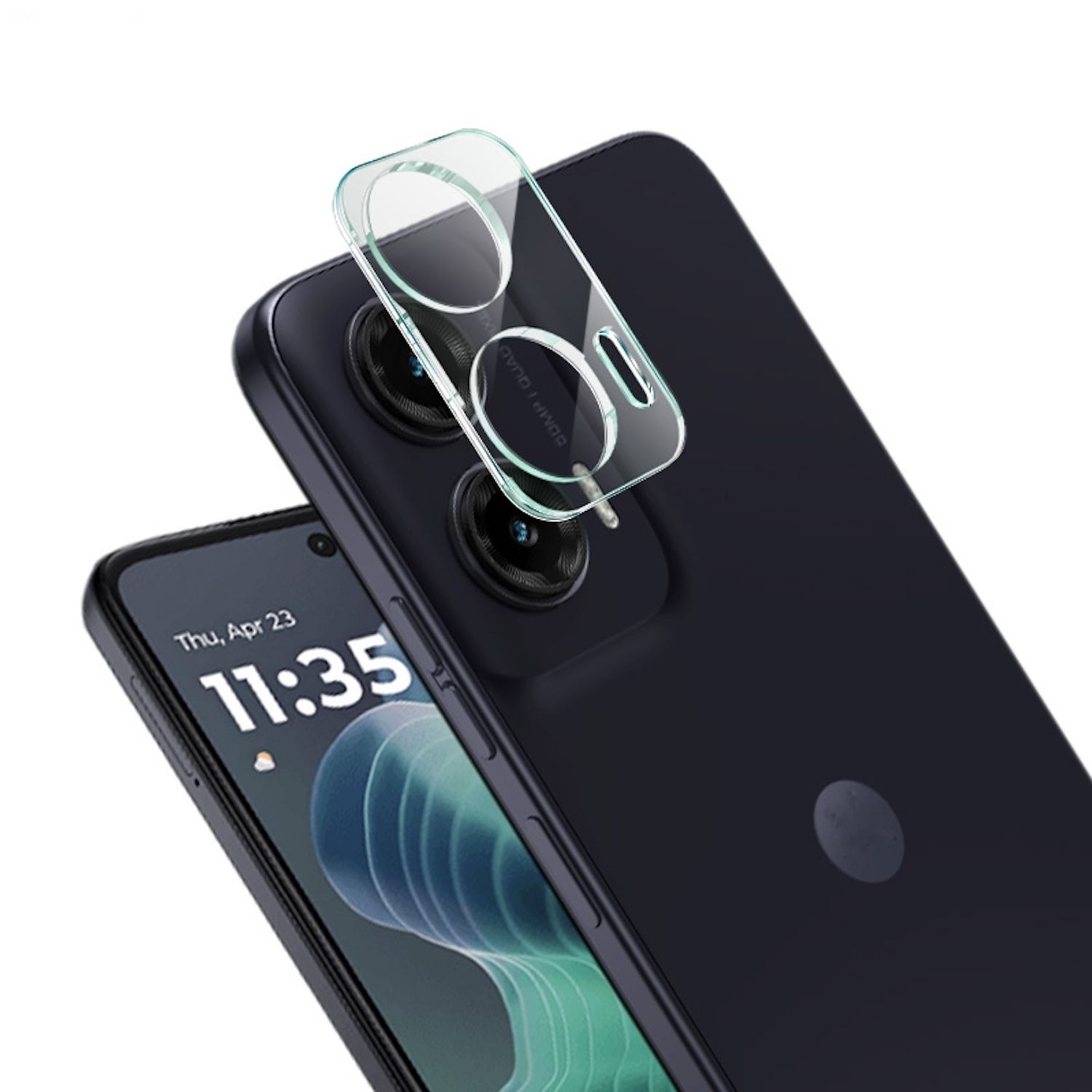 Ein dunkles Telefon mit installiertem Kameraschutz. Das Kameraobjektiv ist sichtbar.