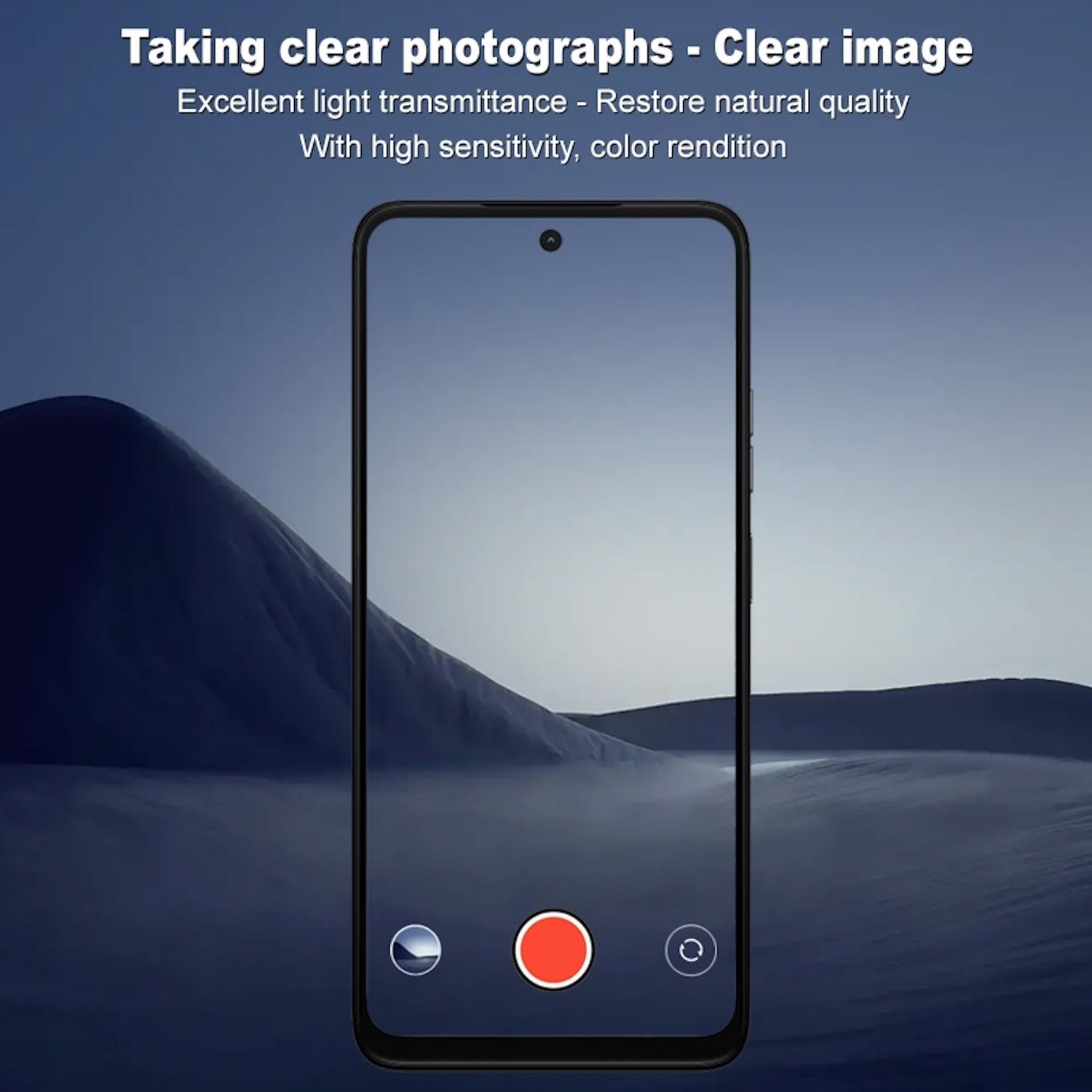 Ein Smartphone-Bildschirm mit roter Aufnahme-Taste. Im Hintergrund Berge und blauer Himmel.
