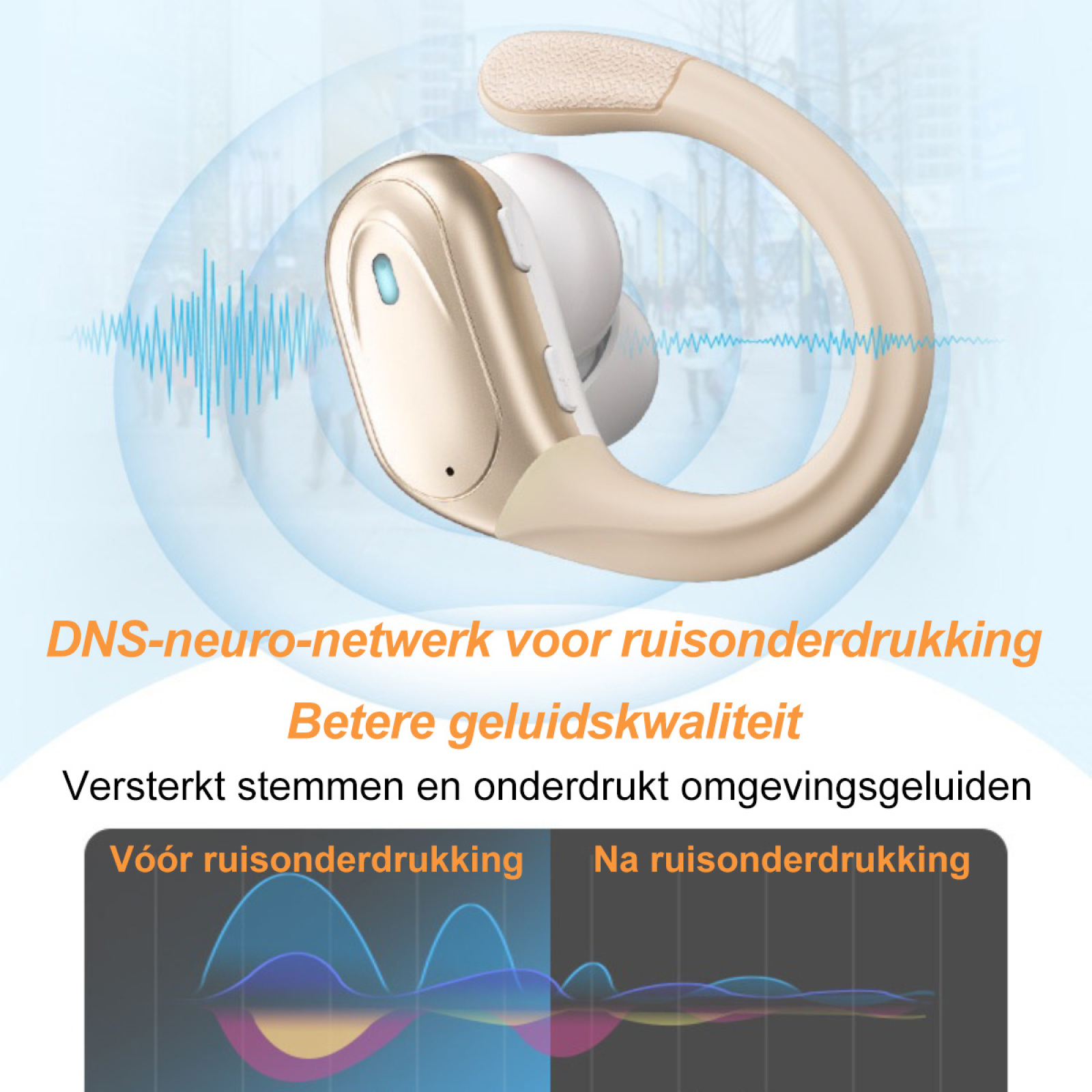 Diagramm von Schallwellen. Text auf Niederländisch: DNS-Neuro-Netzwerk zur Geräuschreduzierung.