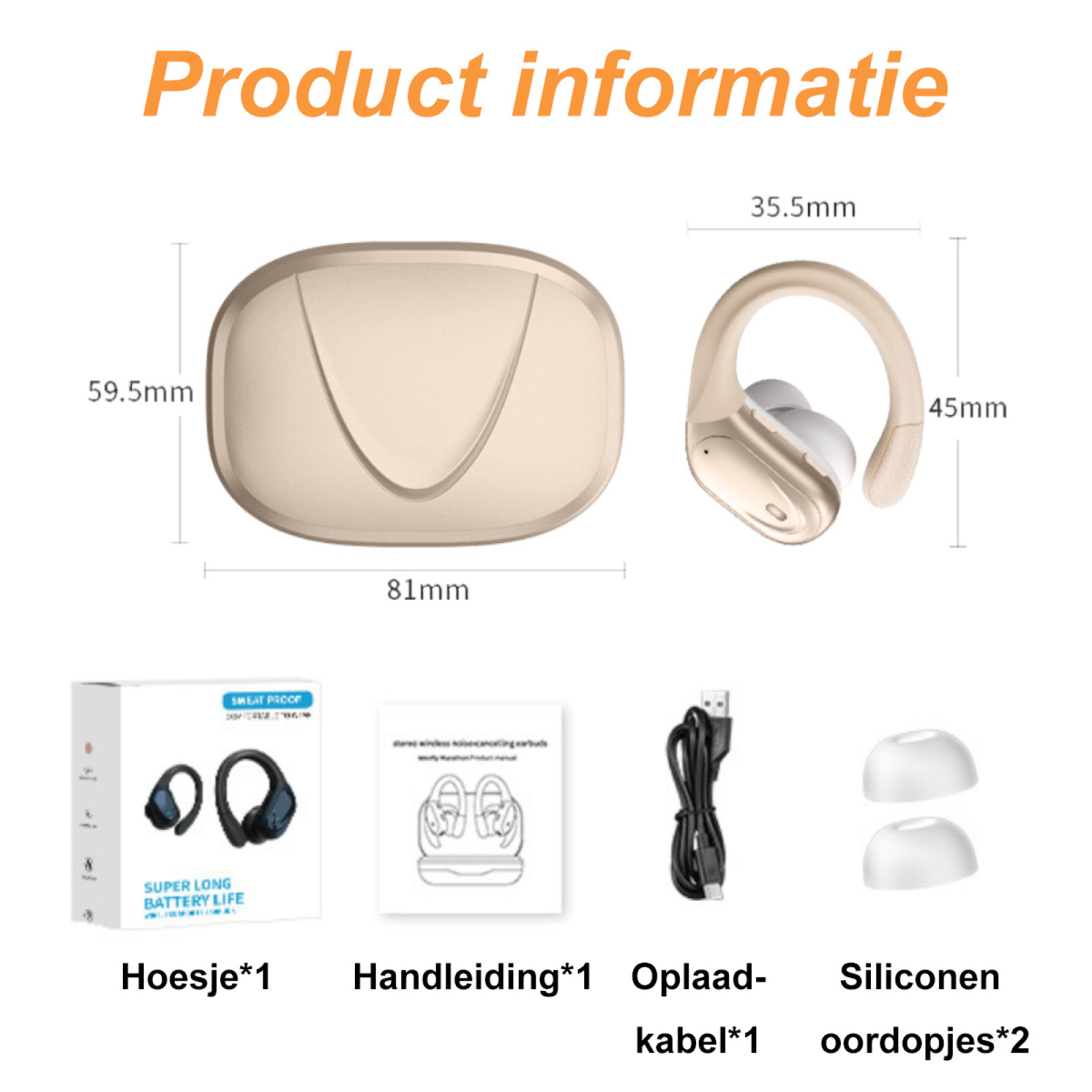 Produktkomponenten: Ohrhörer, Hülle, Ladekabel und Silikon-Ohrstöpsel. Abmessungen sind beschriftet.