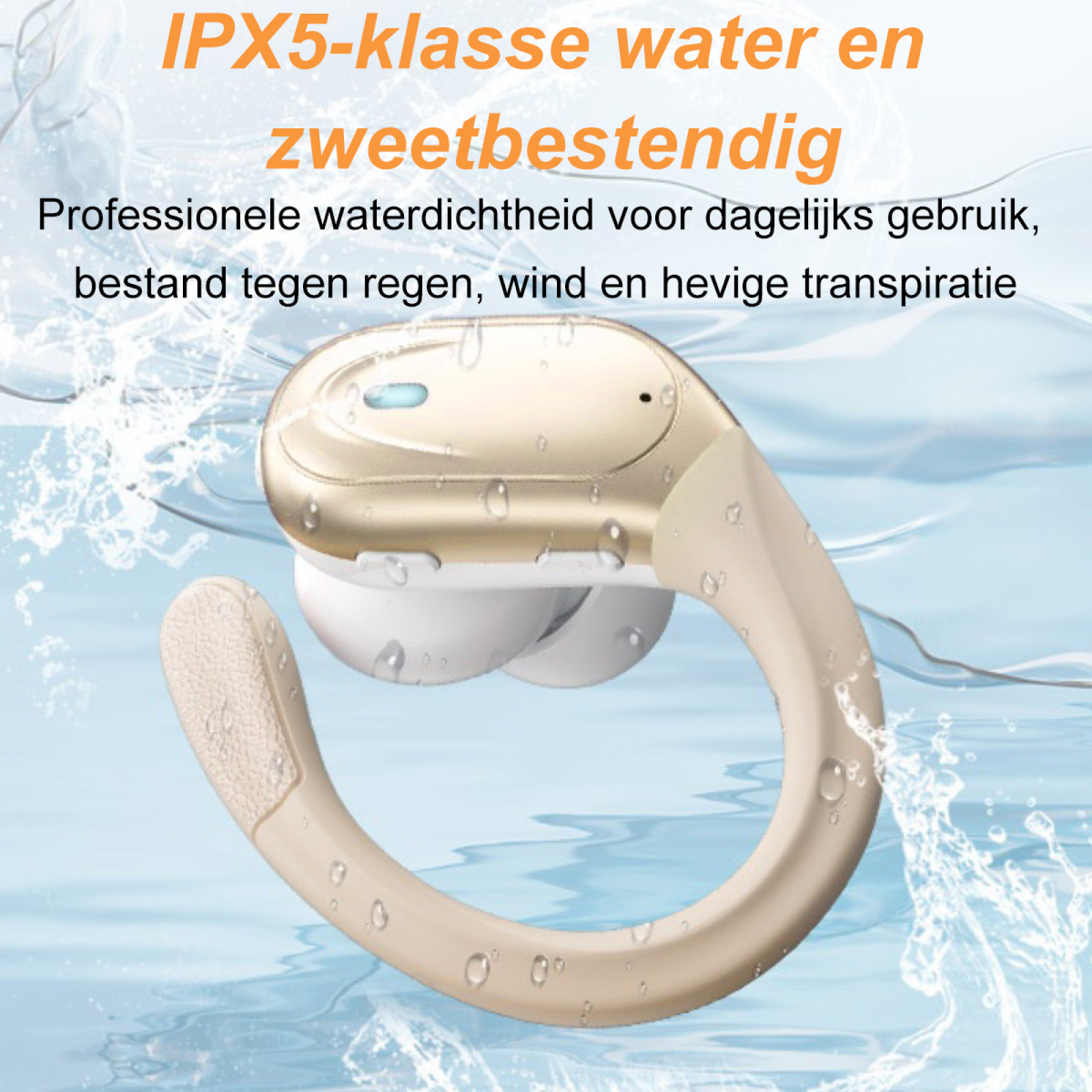 Ohrhörer mit Wassertropfen. Text sagt, es ist wasserdicht und schweißresistent.