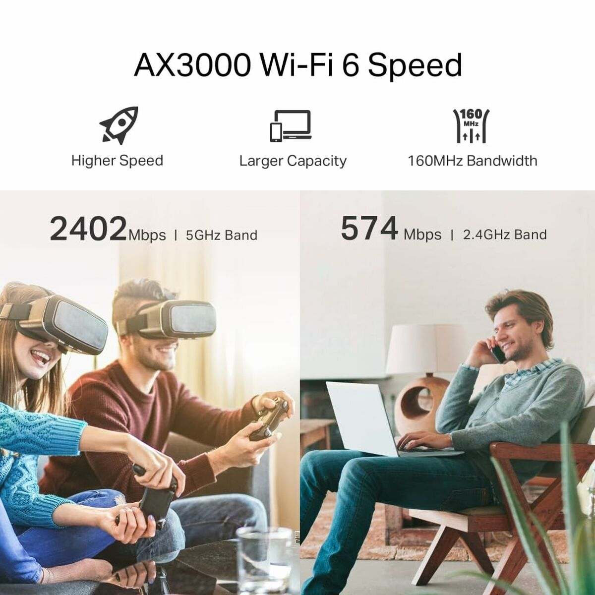 Bild zeigt Personen mit VR-Headsets und einen Mann mit Laptop. Text zeigt WLAN-Geschwindigkeiten.
