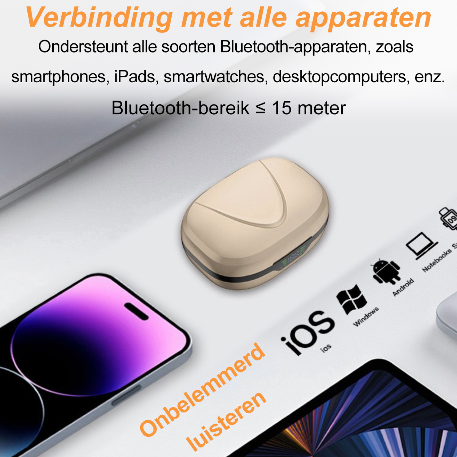 Ohrhörer-Etui und Geräte-Icons. Text erwähnt die Verbindung mit allen Geräten.