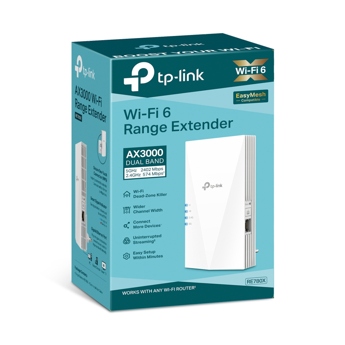 TP-Link Wi-Fi 6 Range Extender Box mit Produktdetails und weißem Extender.