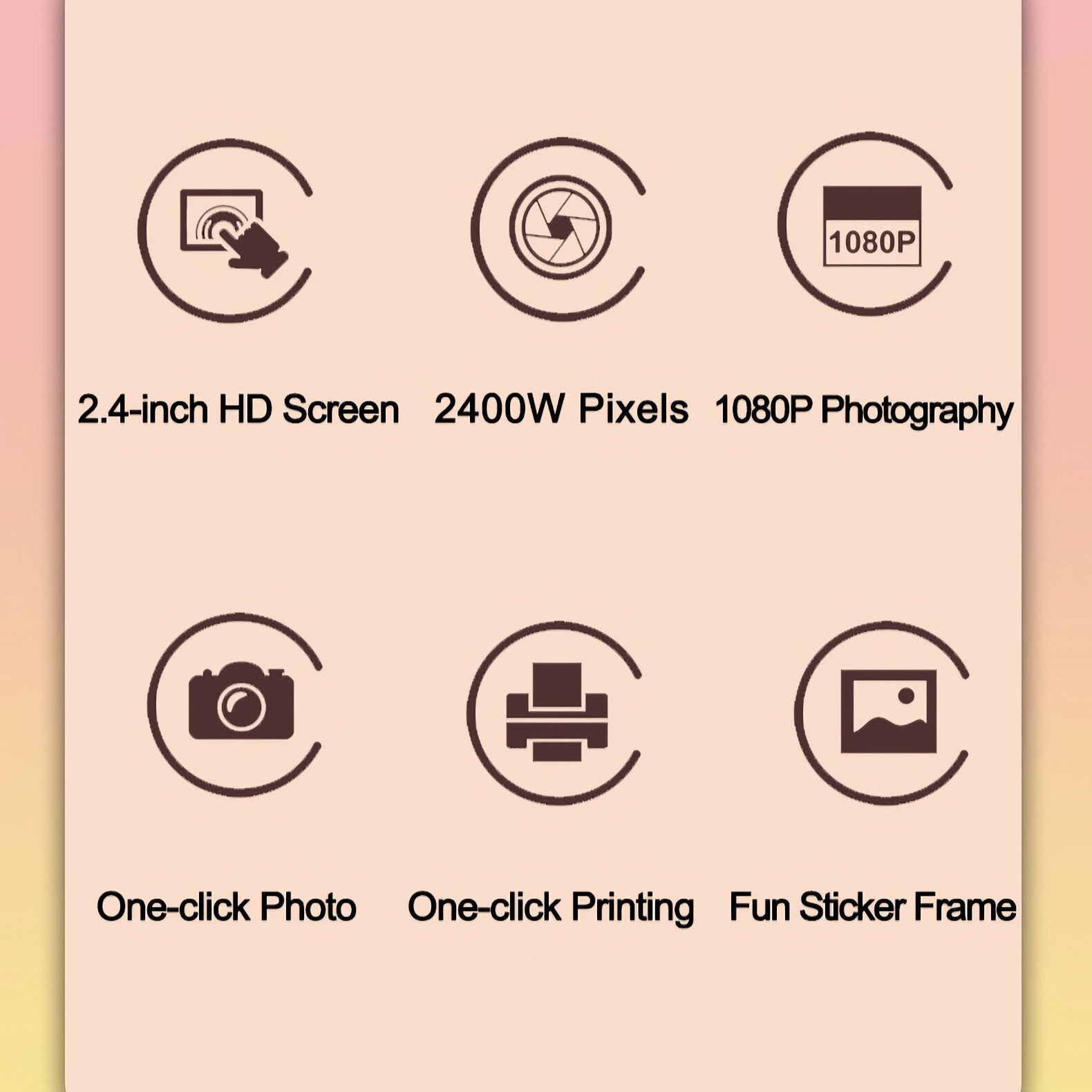 Symbole und Text beschreiben Funktionen: HD-Bildschirm, Pixel, Fotografie, Foto, Druck, Rahmen.