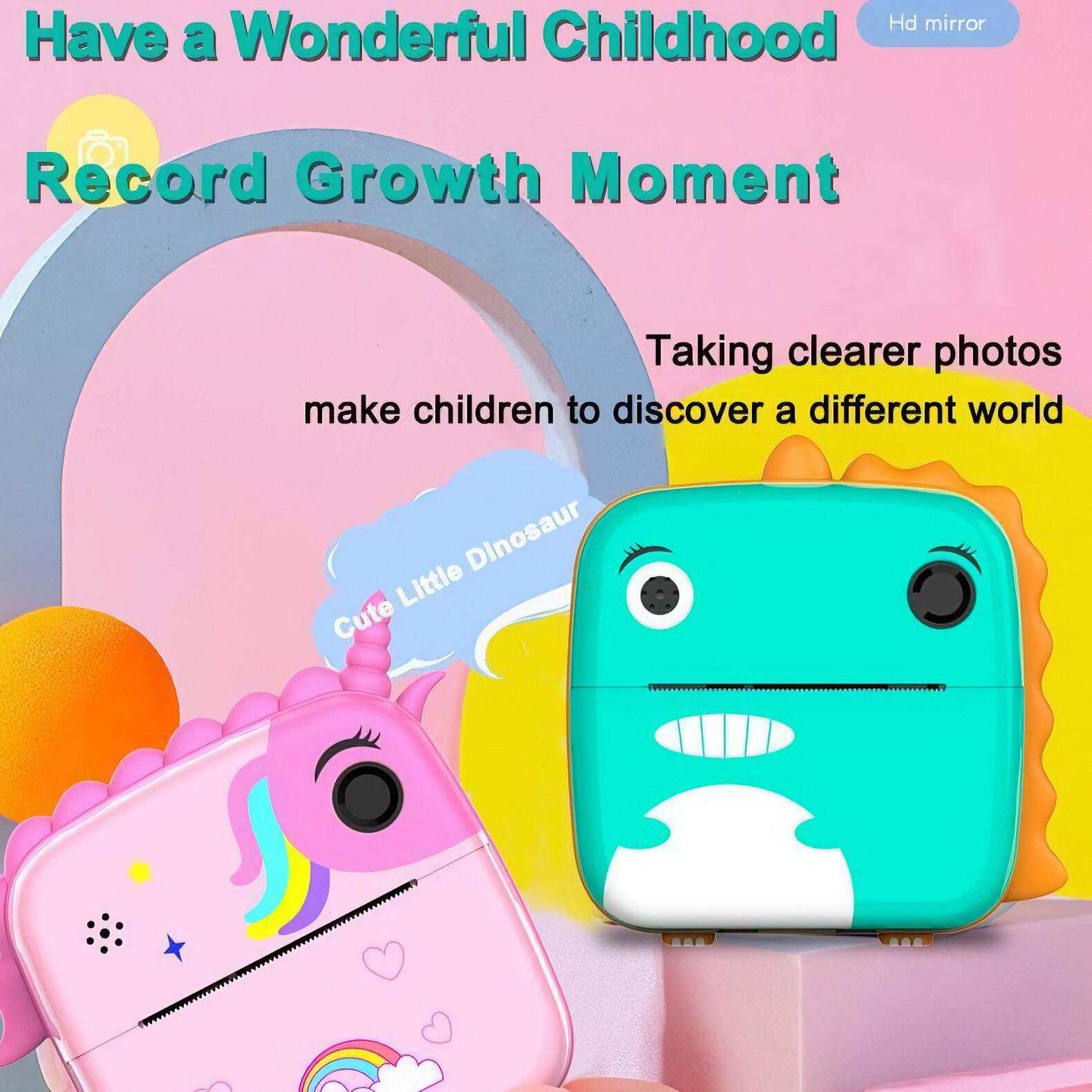 Zwei Kameras, ein Einhorn und ein Dinosaurier. Text schlägt vor, klarere Fotos für Kinder zu machen.