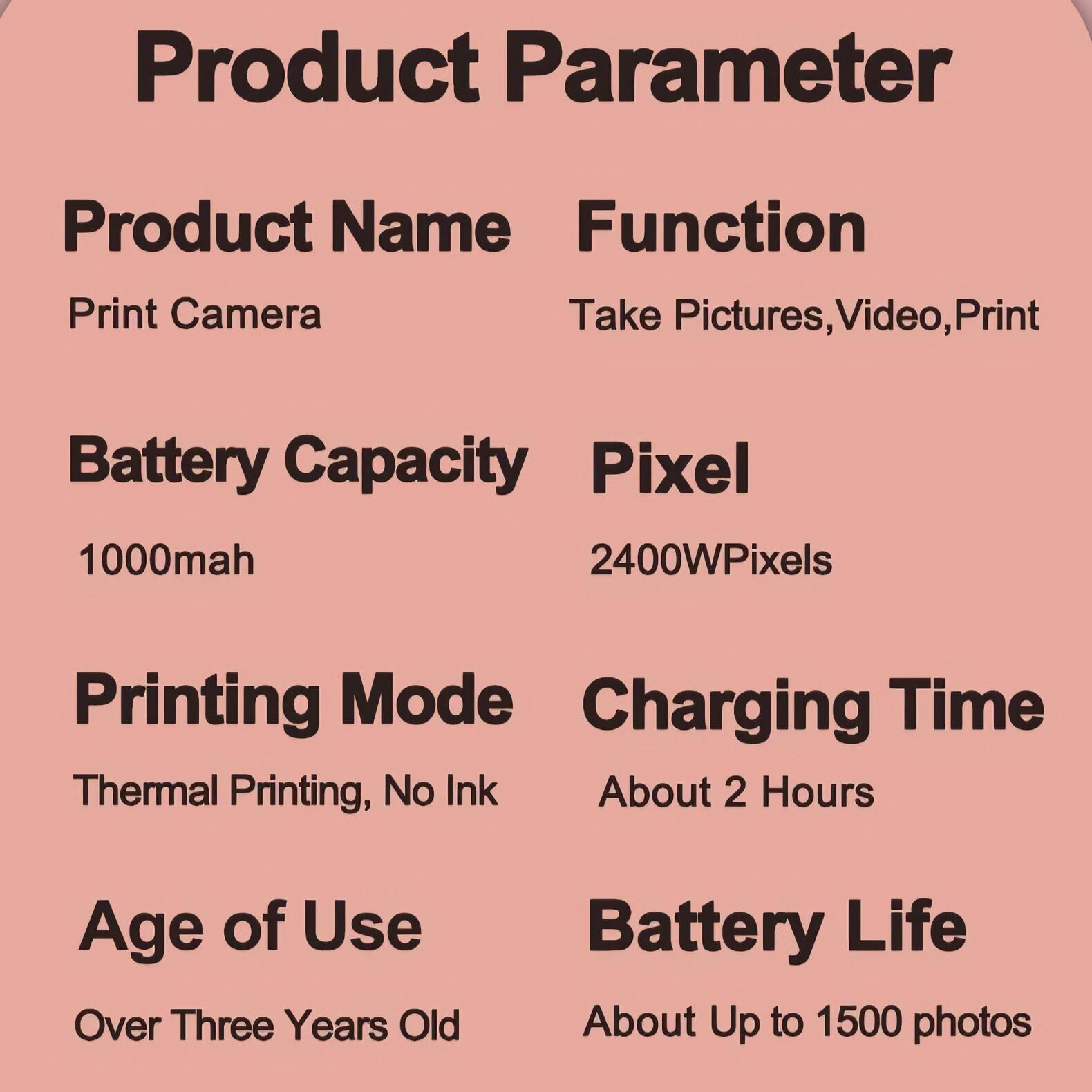 Produktparameter für eine Druckkamera: Funktion, Batterie, Pixel, Druckmodus, Ladezeit.