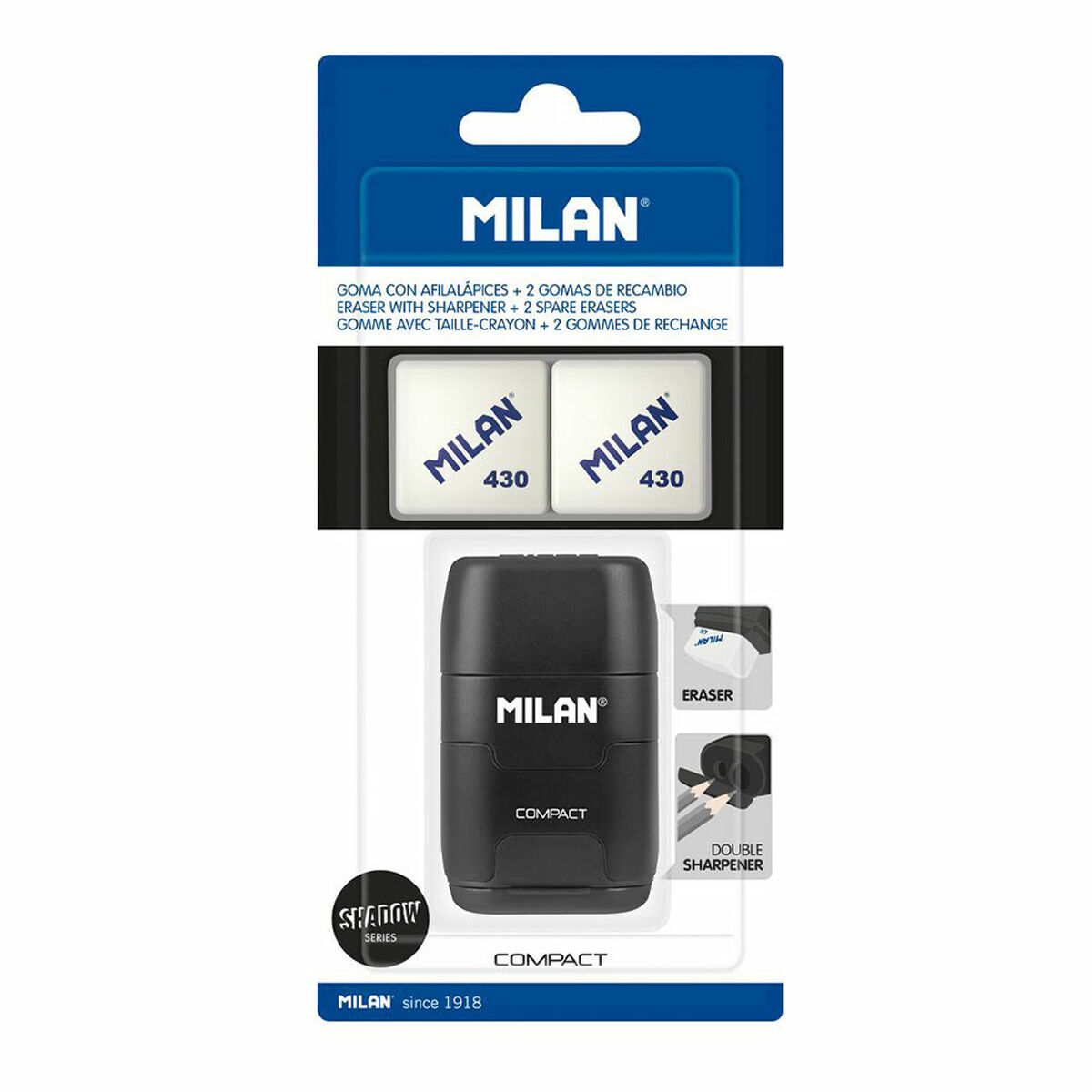 Milan Kompakt-Radierer und Anspitzer Set mit zwei Ersatzradierern in Packung.