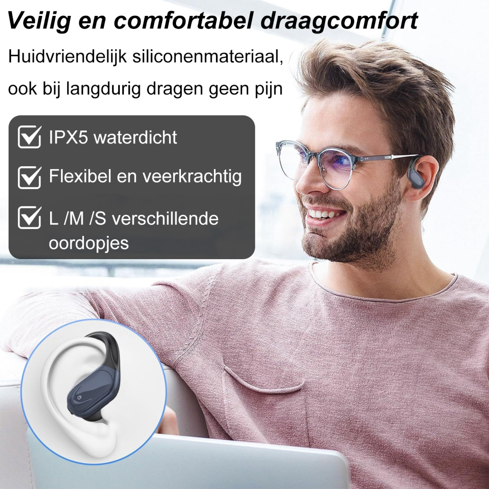 Ein Mann mit Brille und Ohrhörern lächelt, begleitet von Text über wasserdichte und flexible Ohrhörer.