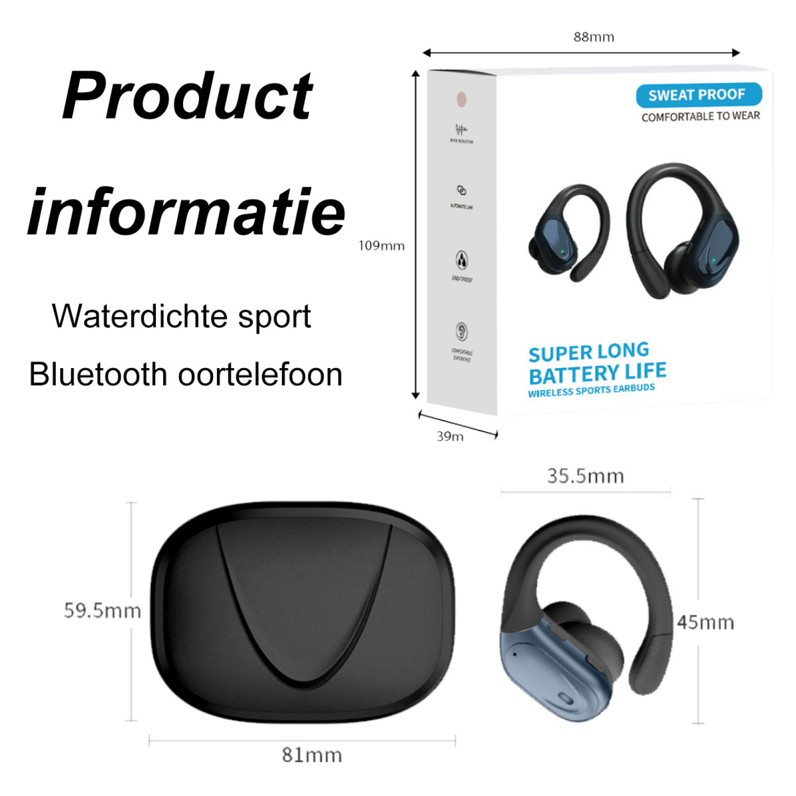 Produktinformationen für wasserdichte Sport-Bluetooth-Ohrhörer mit Verpackungsabmessungen und Text auf Niederländisch.