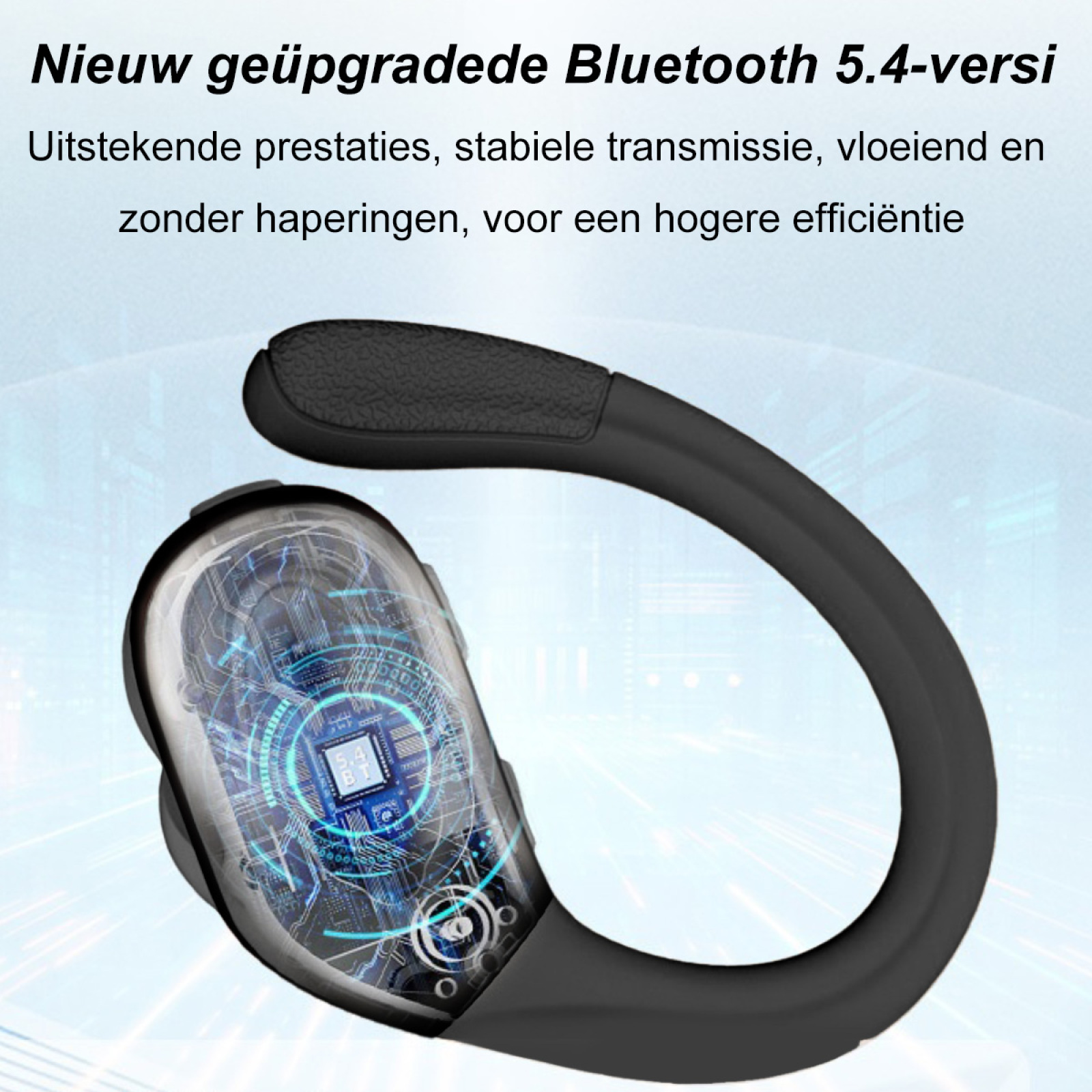 Schwarze kabellose Kopfhörer mit durchsichtigem Bereich, der Innenkomponenten zeigt, vor blauem Hintergrund.